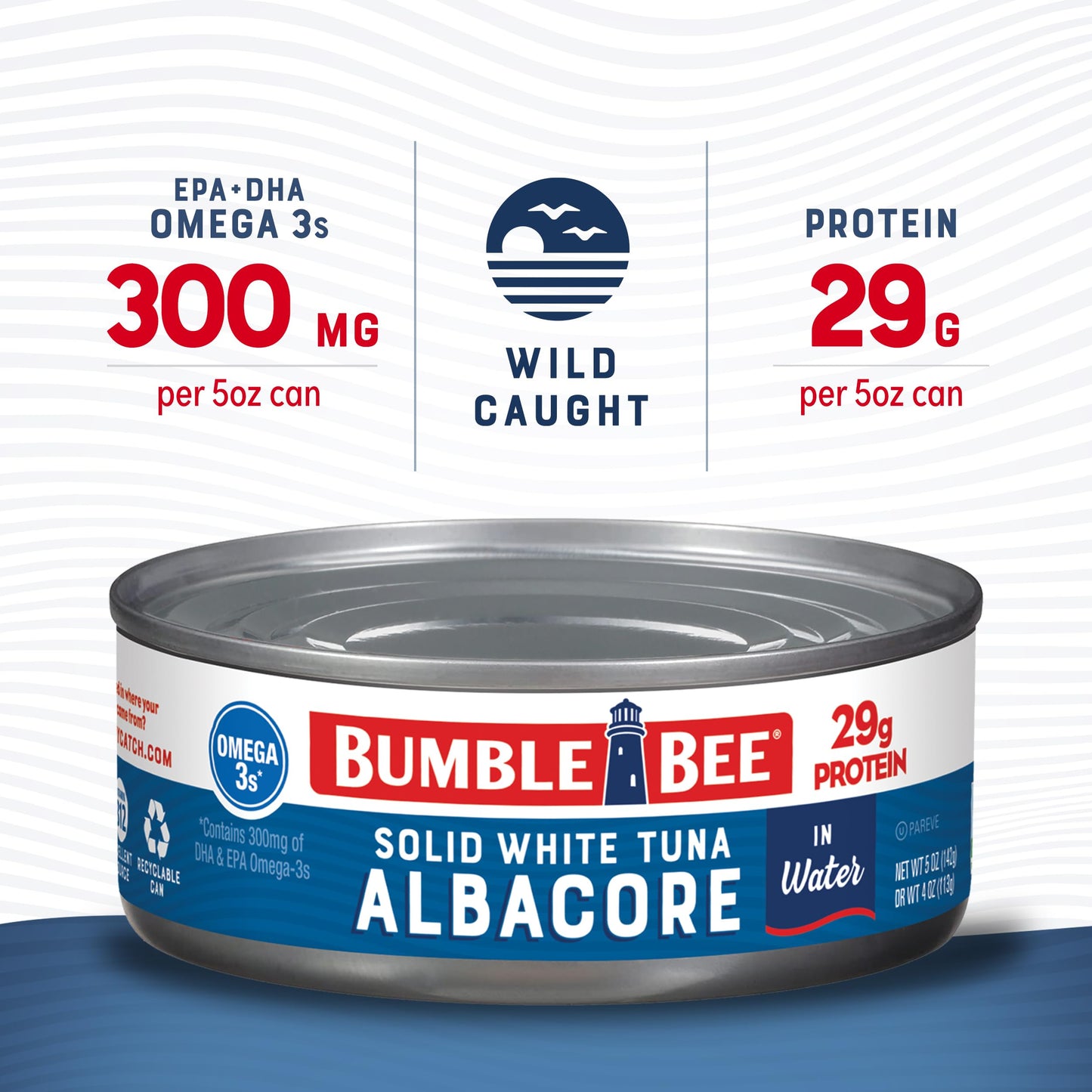 Bumble Bee Solid White Albacore Tuna in Water, 5 oz Can (Pack of 8) - Wild Caught Tuna - 29g Protein per Serving, High in Omega-3s - Non-GMO Project Verified, Gluten Free, Kosher