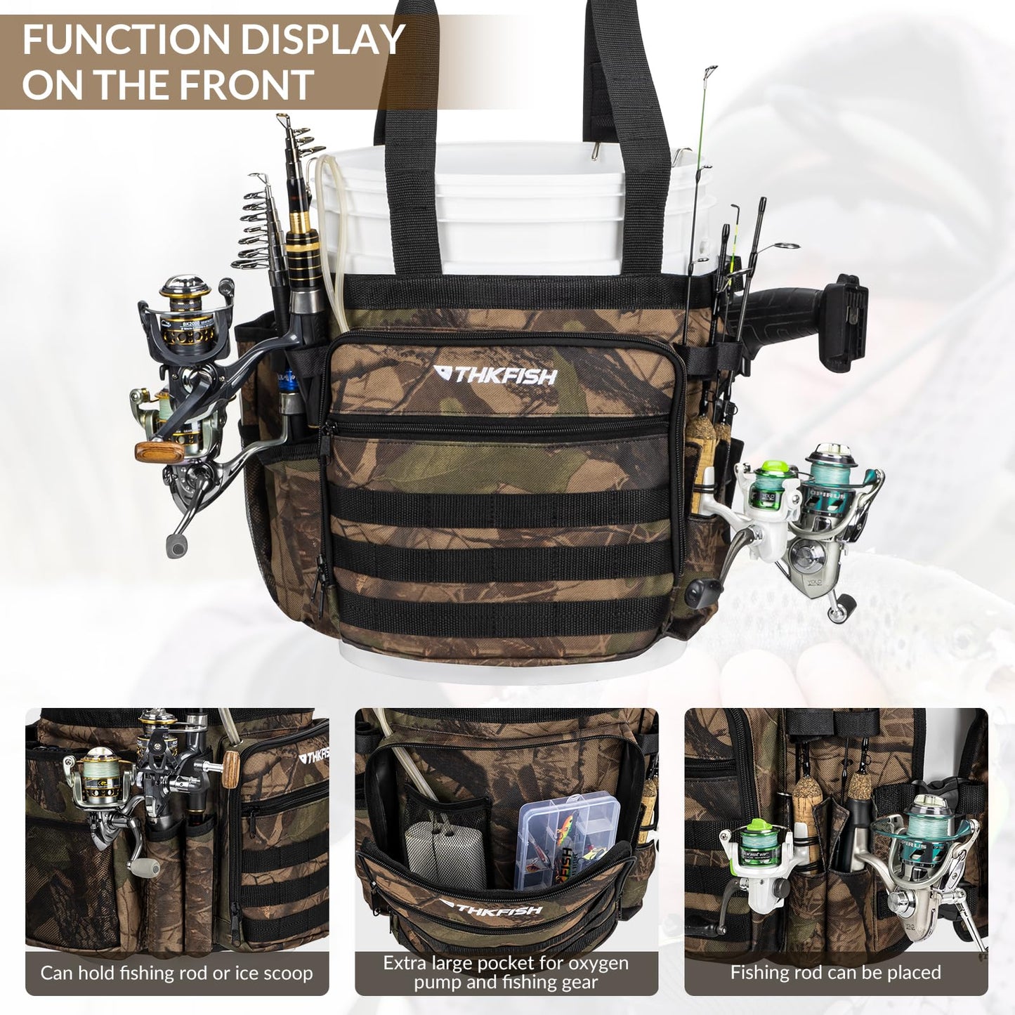 THKFISH Fishing Bucket Organizer for 5 Gallon Bucket, Ice Fishing Bucket Bag with Rod & Plier Holder, Adjustable Fish Protection Bucket Bag with Multi-Pockets for Fishing Gear