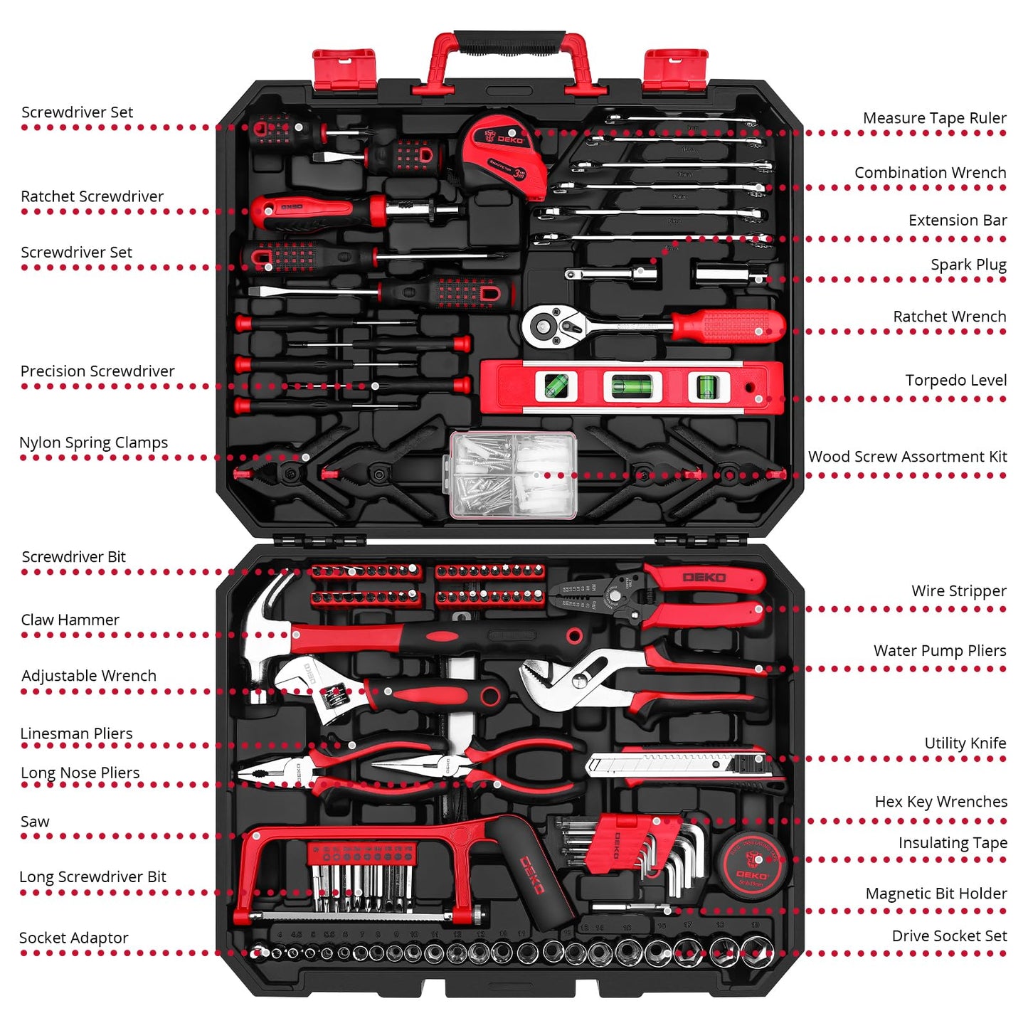 DEKOPRO 228 Piece Socket Wrench Auto Repair Tool Combination Package Mixed Tool Set Hand Tool Kit with Plastic Toolbox Storage Case