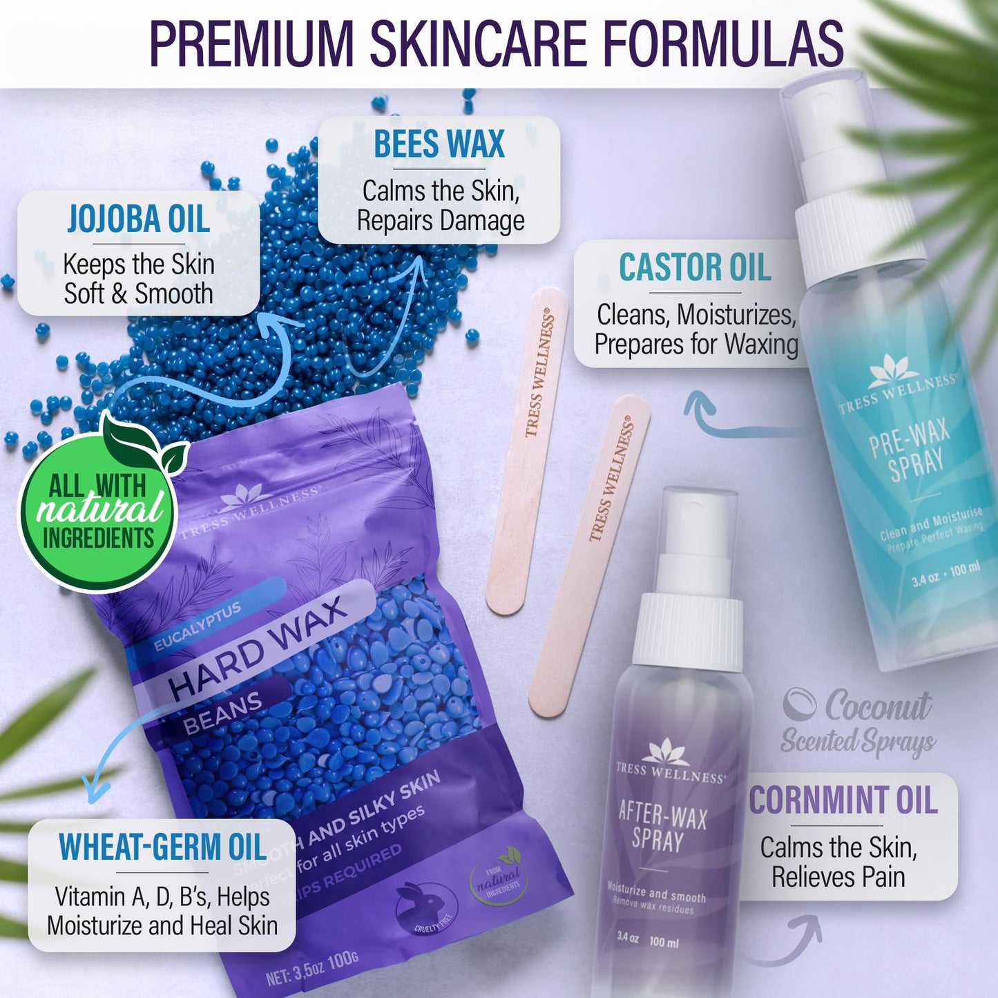 Tress Wellness Waxing Kit for Sensitive Skin – Safe for Face & Skin, Prep & Aftercare Spray, Easy to Use – At-Home Kit for Face, Bikini, Brazilian & Full Body - Digital Display, Black Purple Flower