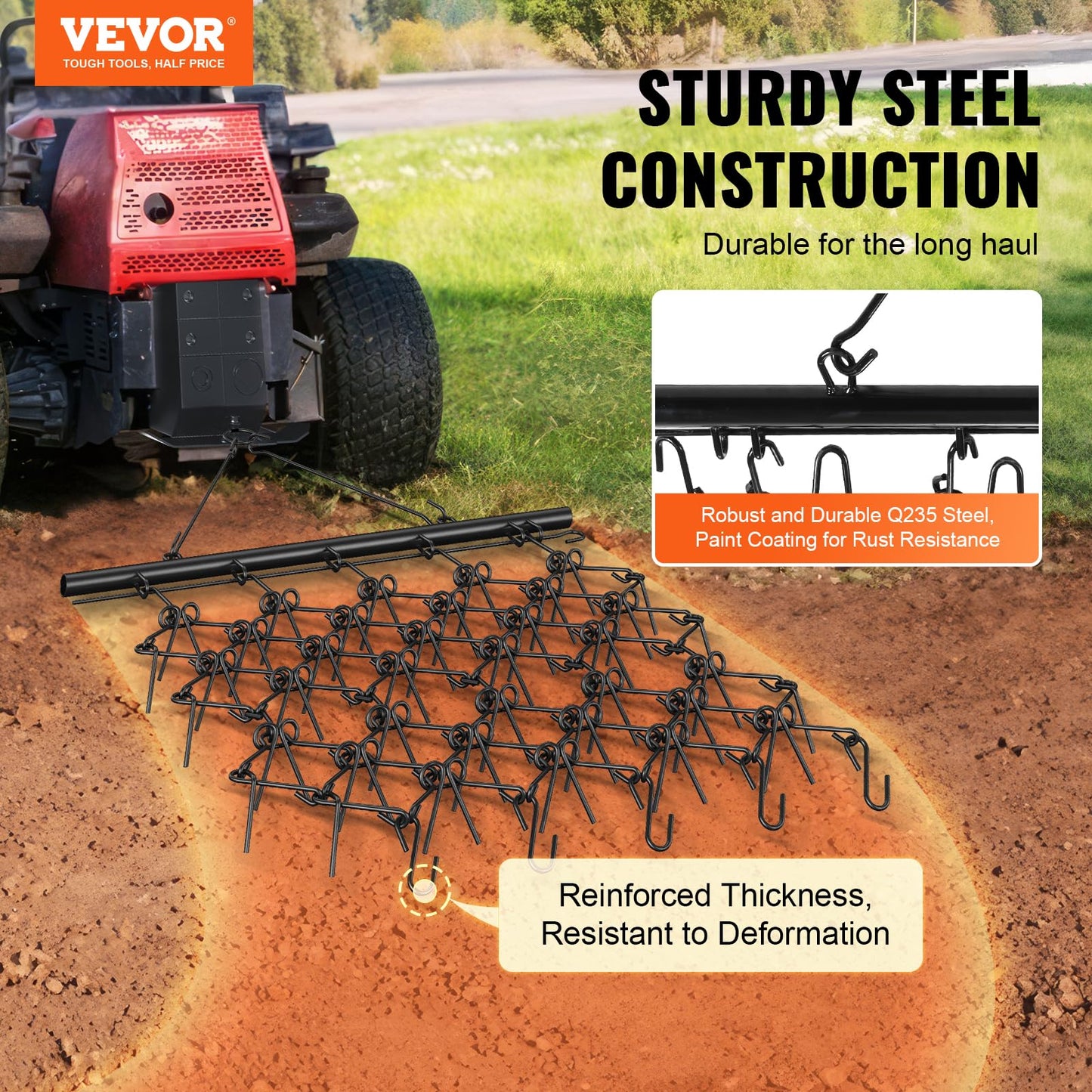 VEVOR 4' x 5' ATV Drag Harrow, Q235 Steel UTV Tractor Attachments for Landscape Leveling or Sod Prepping, Towable Grader for Gravel Driveway, Garden, Farm, Field Black