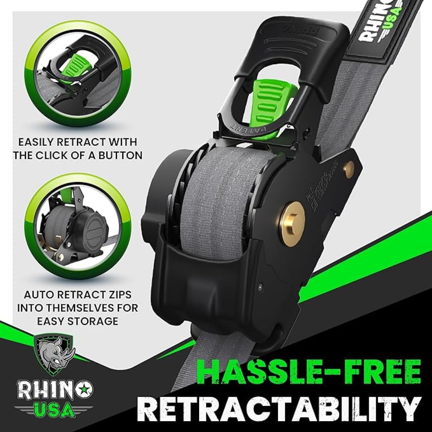 Rhino USA Retractable Ratchet Straps (4-Pack) - 1 Inch x 10 Feet (1,209lb Break Strength) - Heavy Duty Auto Self Retracting Tie Down Straps for Truck, Cargo Trailer, Motorcycle, Rad & More - Black
