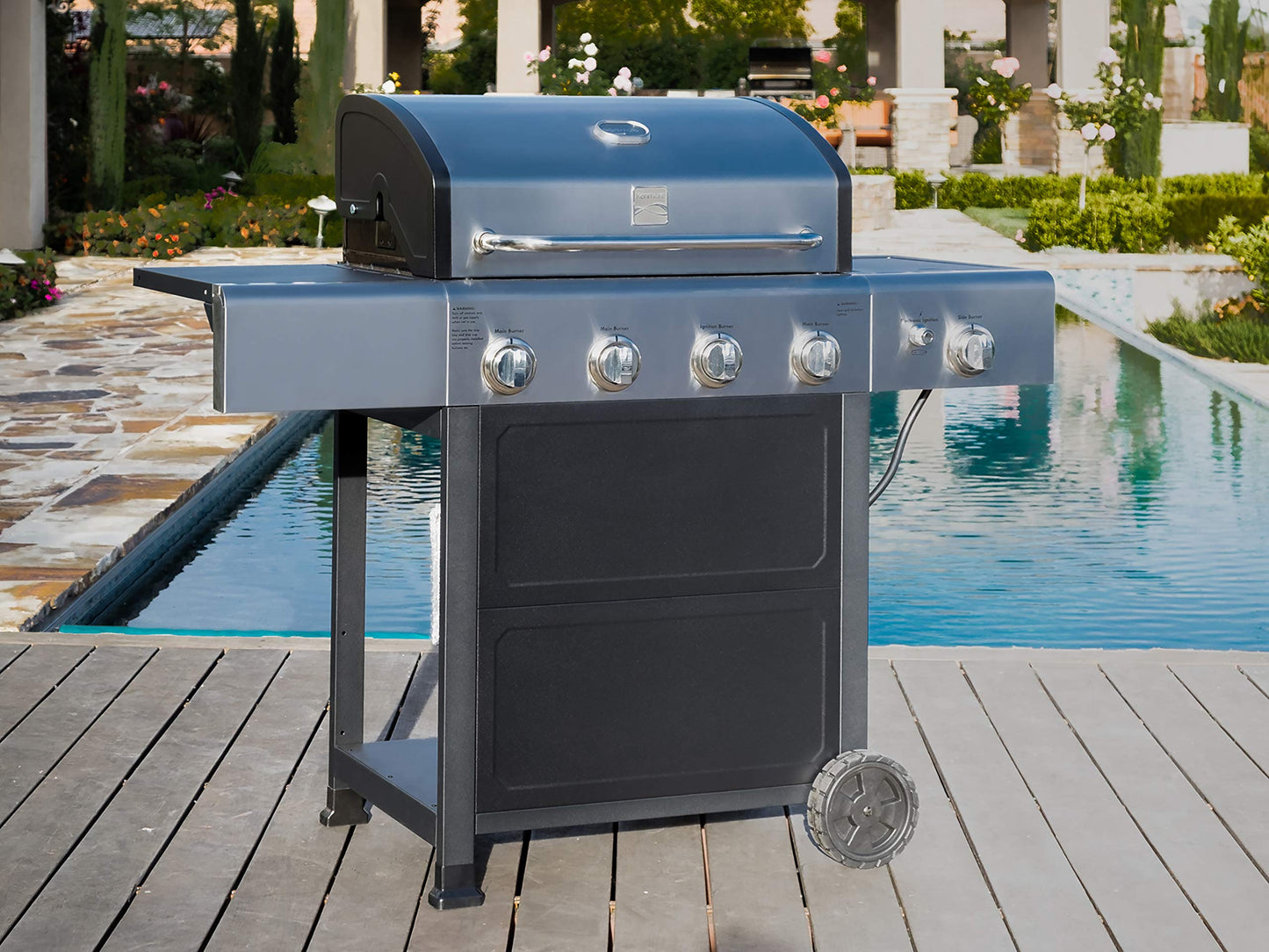Kenmore 4-Burner Gas Grill with Side Burner, Outdoor BBQ Grill, Propane Gas Grill, Cast Iron Cooking Grates, Electronic Ignition, Warming Rack, Open Cart Design, 53000 BTUs, Stainless Steel and Black