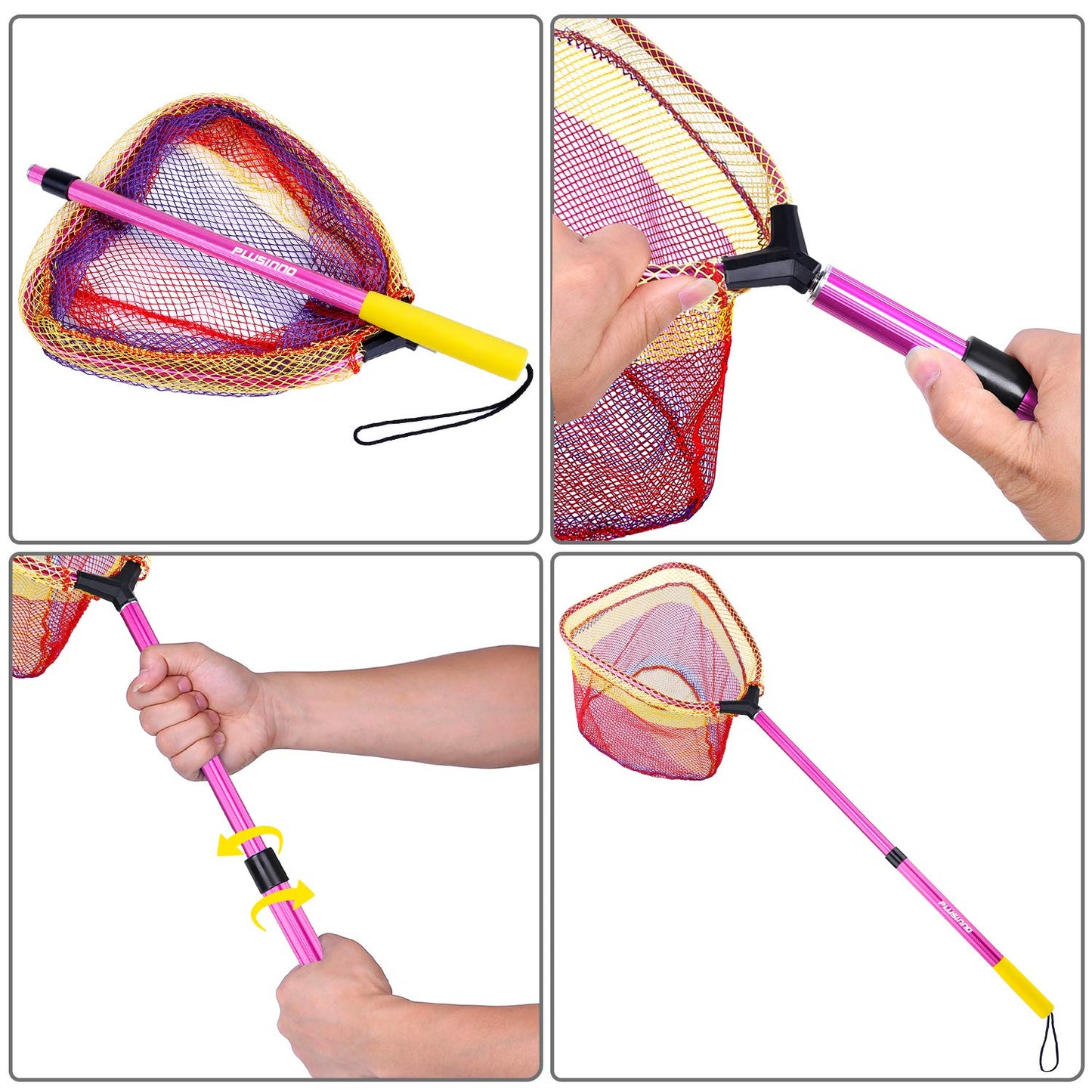 PLUSINNO Kids Fishing Net, Telescopic Lightweight Landing Net with Aluminum Pole Handle and Nylon Mesh, Catch and Release Butterfly Net for Kids Youth Outdoor