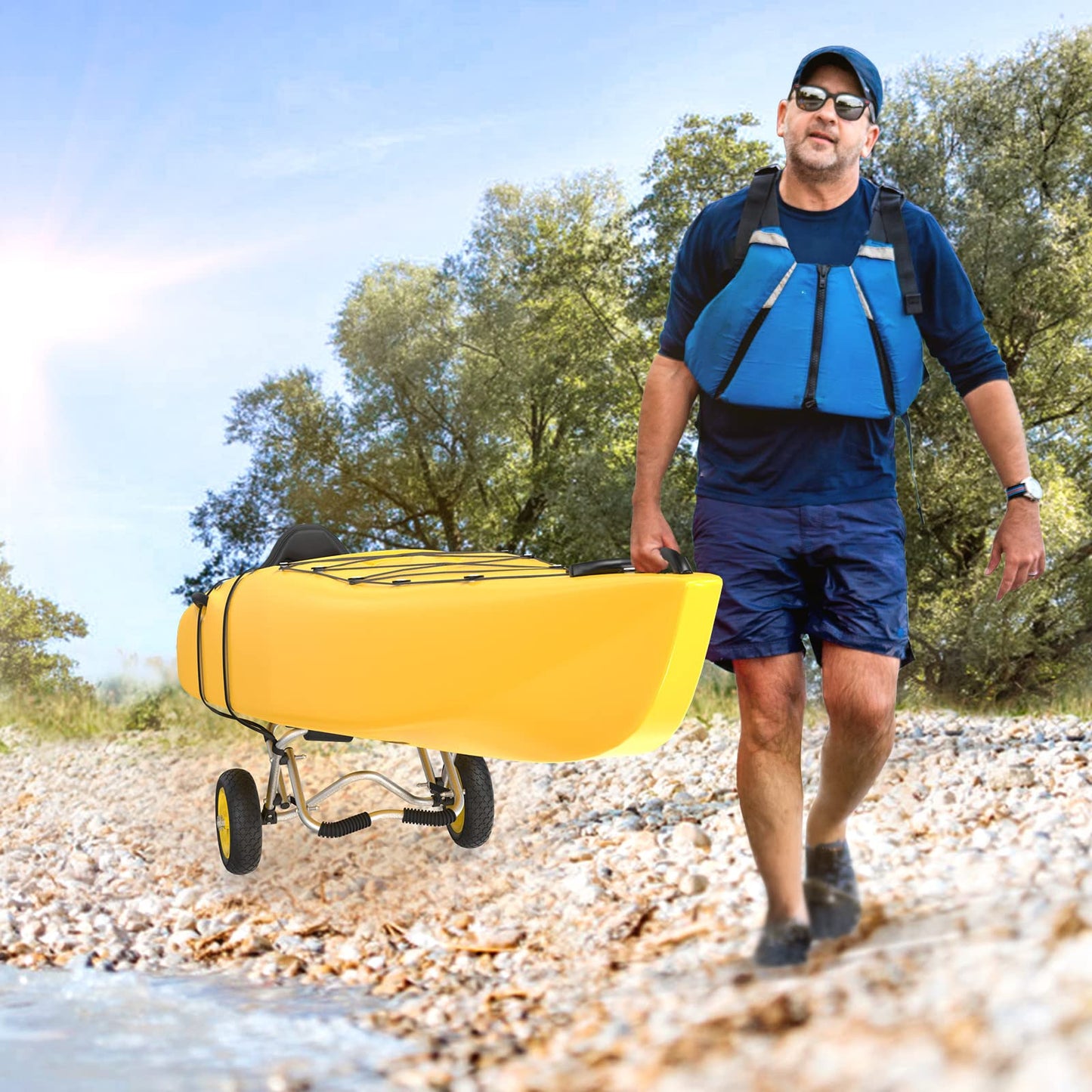 Bonnlo Kayak Cart Canoe Dolly Fishing Kayak Accessories Carrier Foldable Paddle Board Trolley Boat Trailer Transport with NO-Flat Airless Tires Wheels and 2 Ratchet Straps