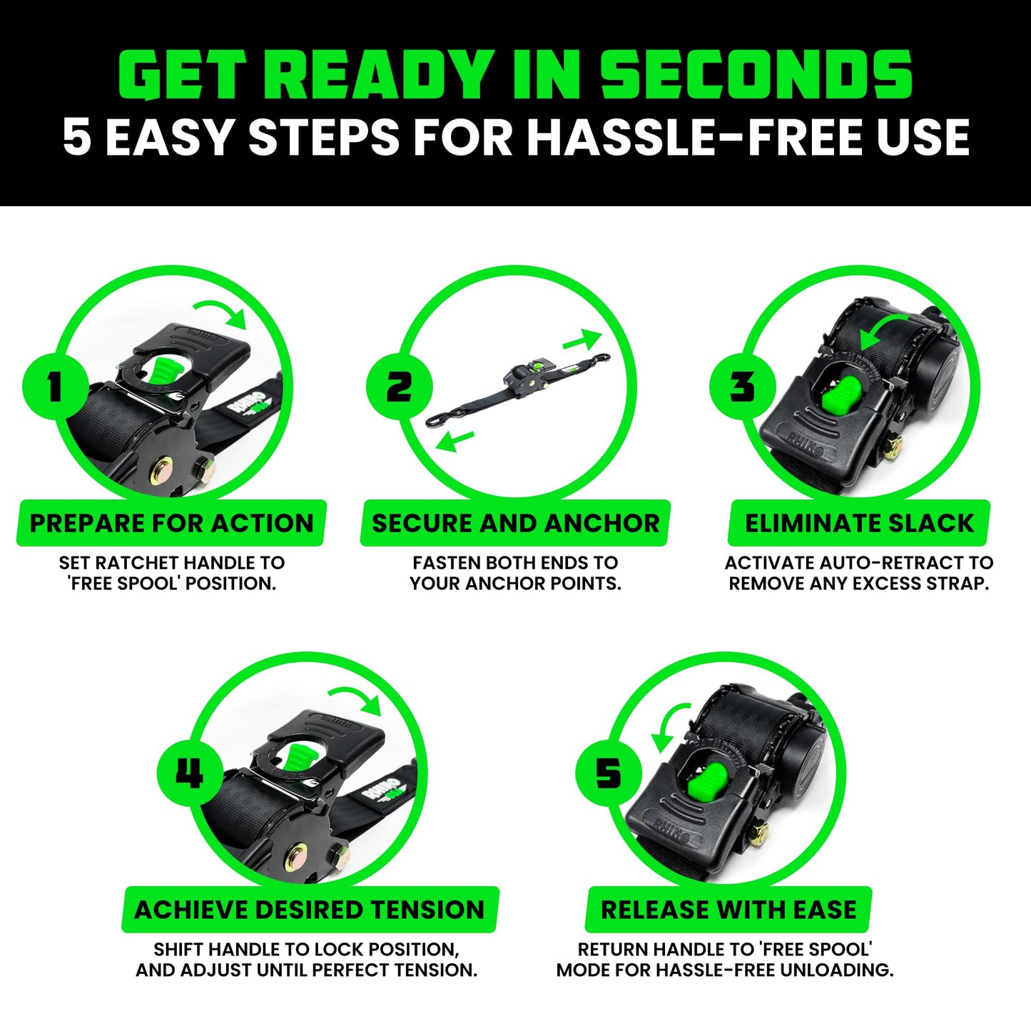 Rhino USA Retractable Ratchet Straps (4-Pack) - 1 Inch x 10 Feet (1,209lb Break Strength) - Heavy Duty Auto Self Retracting Tie Down Straps for Truck, Cargo Trailer, Motorcycle, Rad & More - Black