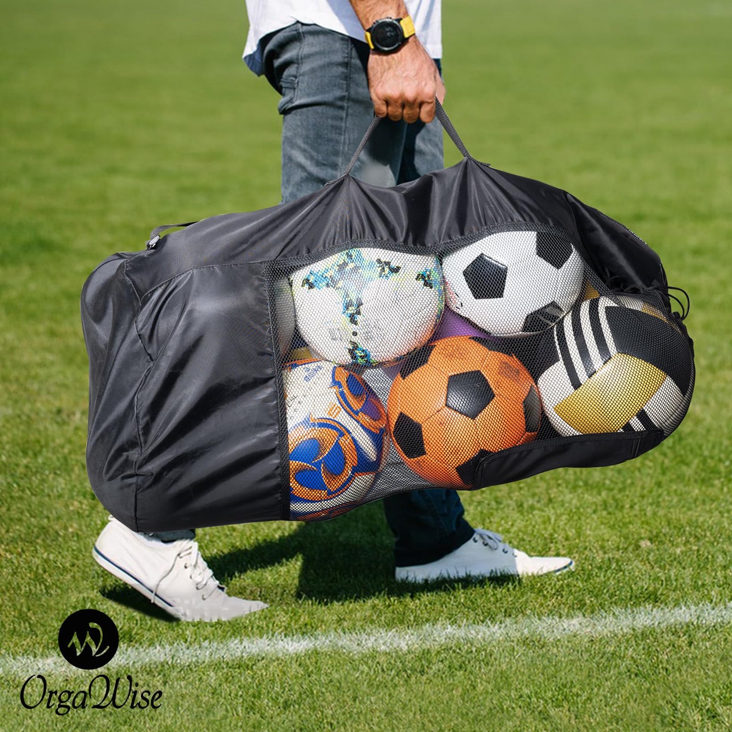 OrgaWise Soccer/Basketball Ball Bag with Handle and Strap,Soccer Ball Bags Mesh for Coaches,Sports Mesh Ball Bag,Basketball Bag for Balls(Strap+pocket+handle, 27"x36"/70x90cm)