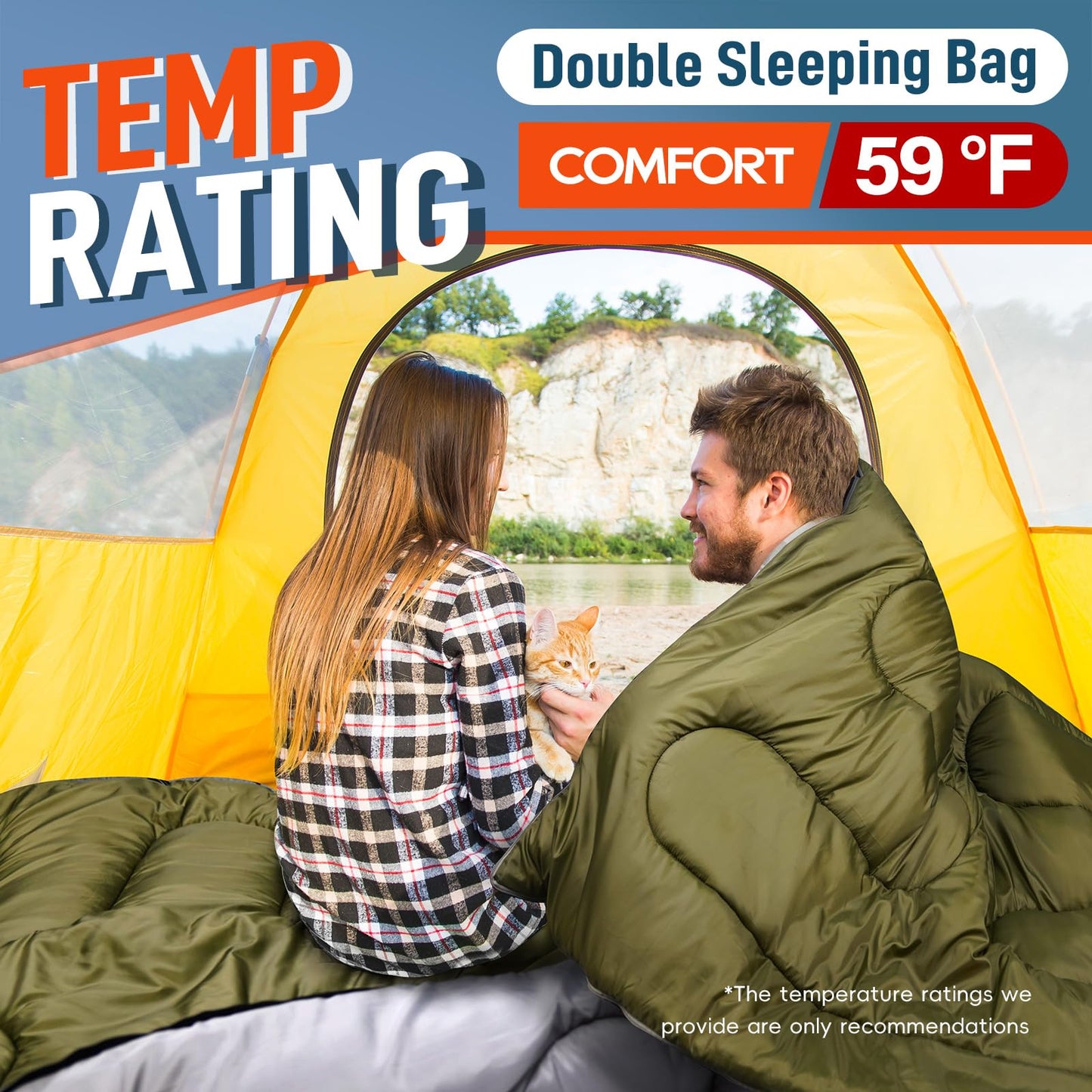 MEREZA Double Sleeping Bag for Adults Mens with Pillow, XL Queen Size Two Person Sleeping Bag for All Season Camping Hiking Backpacking 2 Person Sleeping Bags for Cold Weather & Warm