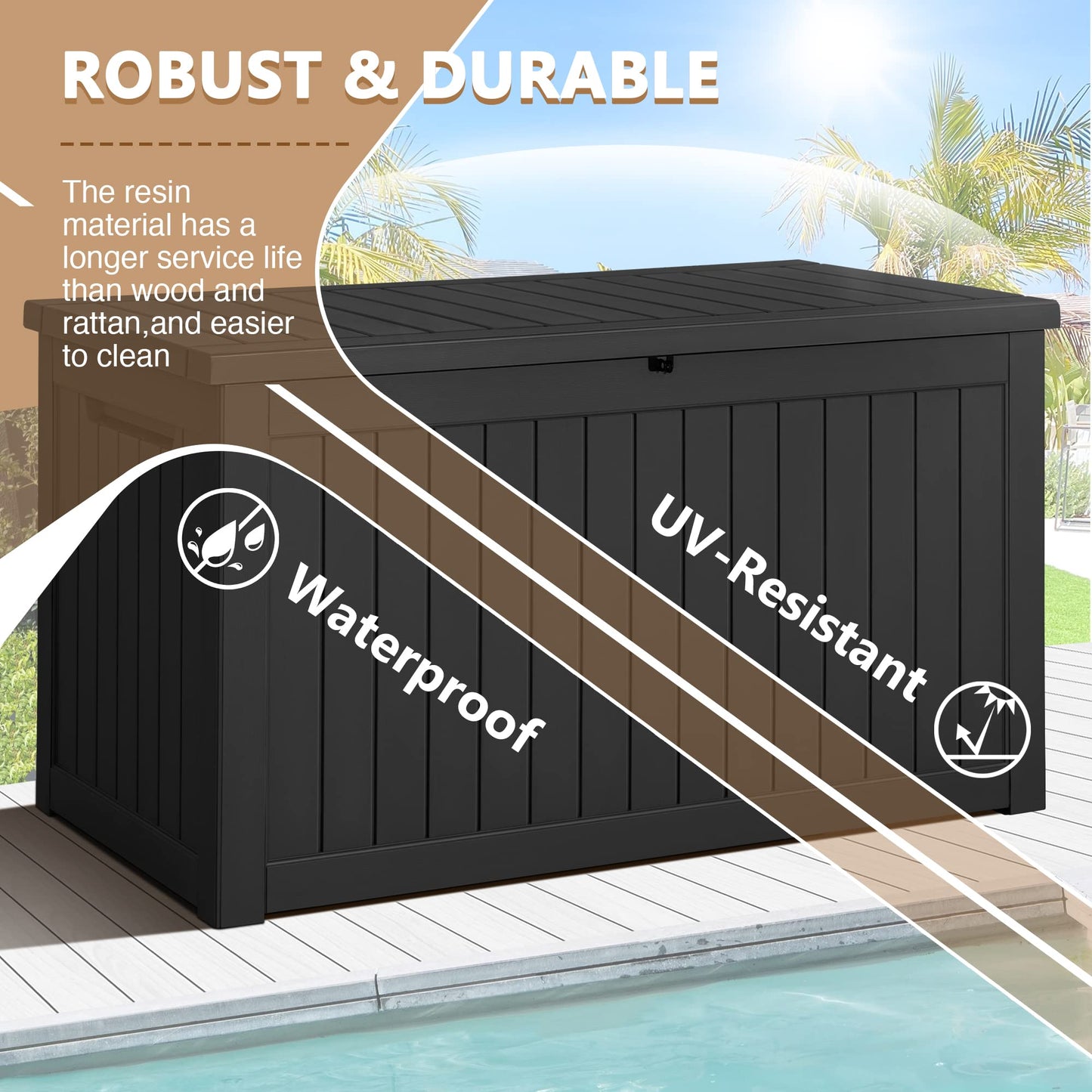 Devoko 100 Gallon Waterproof Large Resin Deck Box Indoor Outdoor Lockable Storage Container for Patio Furniture Cushions Garden Tools (100 Gallon, Black)