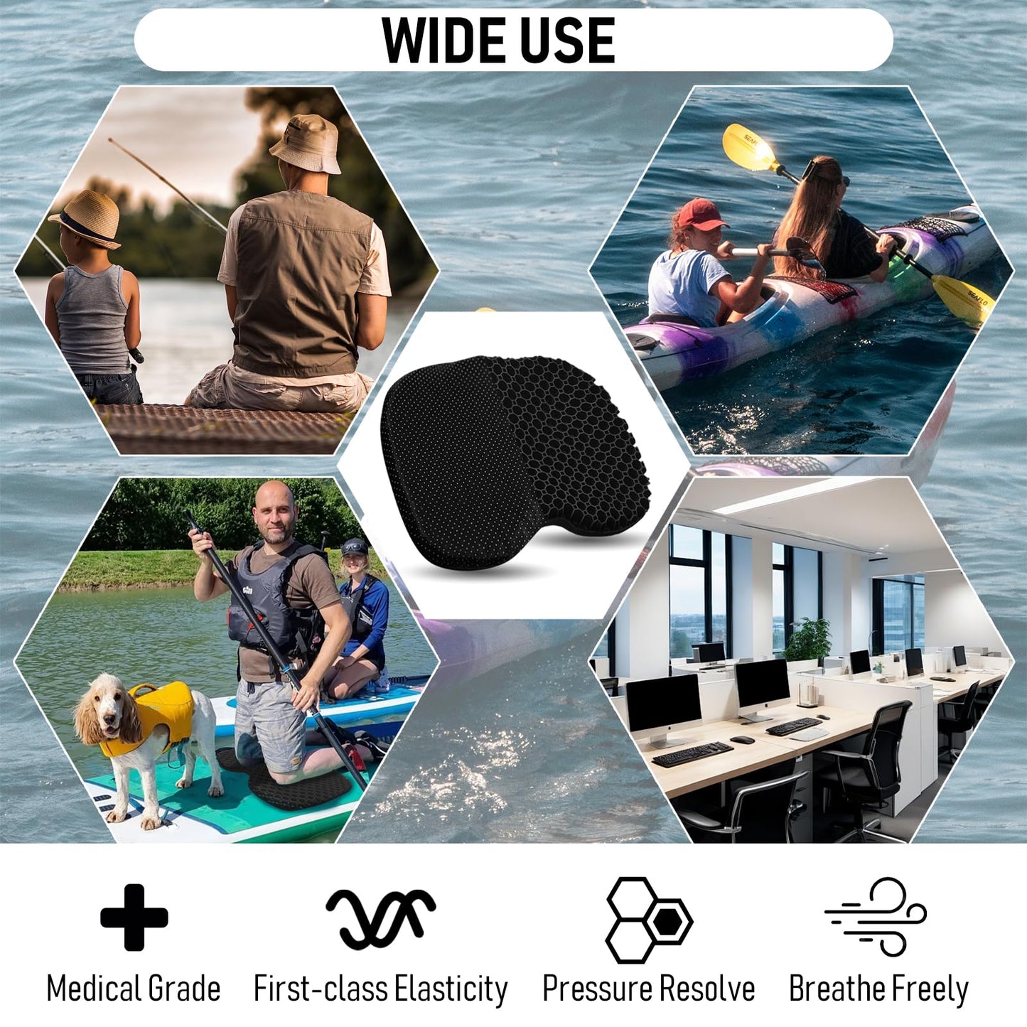 Kayak Seat Cushion, Thicken Anti Slip Waterproof Gel Kayak Seat, Portable Canoe Rowing Rubber Dinghy Pad for Stadium Sit in Kayak Inflatable Fishing Kayak Canoe Kayak Accessories