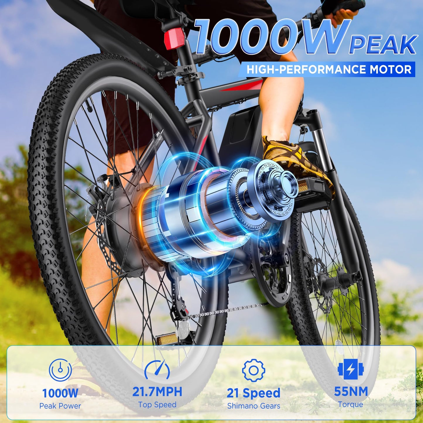 Electric Bike for Adults, 26'' 1000W Peak Ebike, Up to 50 Miles 21.7MPH Electric Mountain Bike with 48V 374.4WH Removable Battery, Adjustable Stem, Fenders, Lockable Suspension Fork, 21-Speed