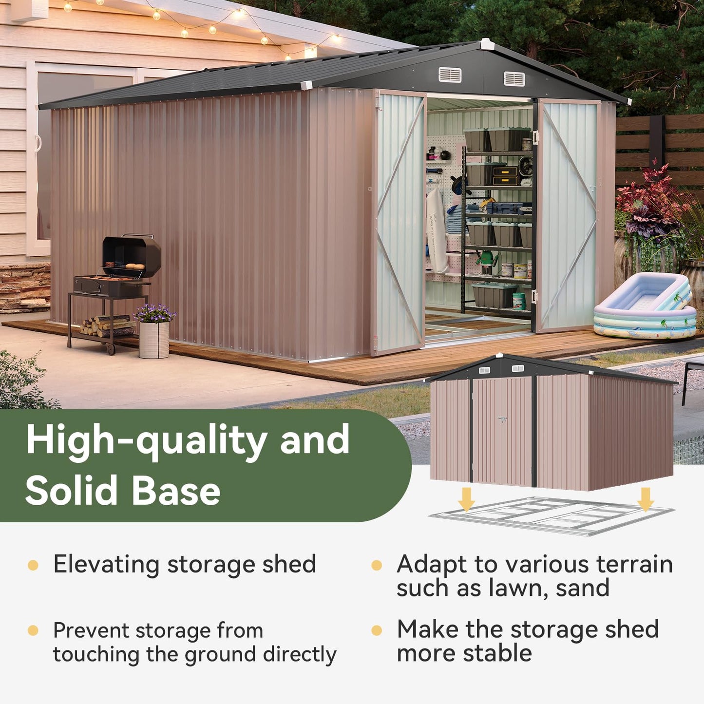 Aoxun 12x10 FT Shed Metal Outdoor Waterproof Storage Shed Steel Utility Garden Tool Shed with Door & Lock Outdoor Storage for Garden Patio Lawn Poolside, Brown