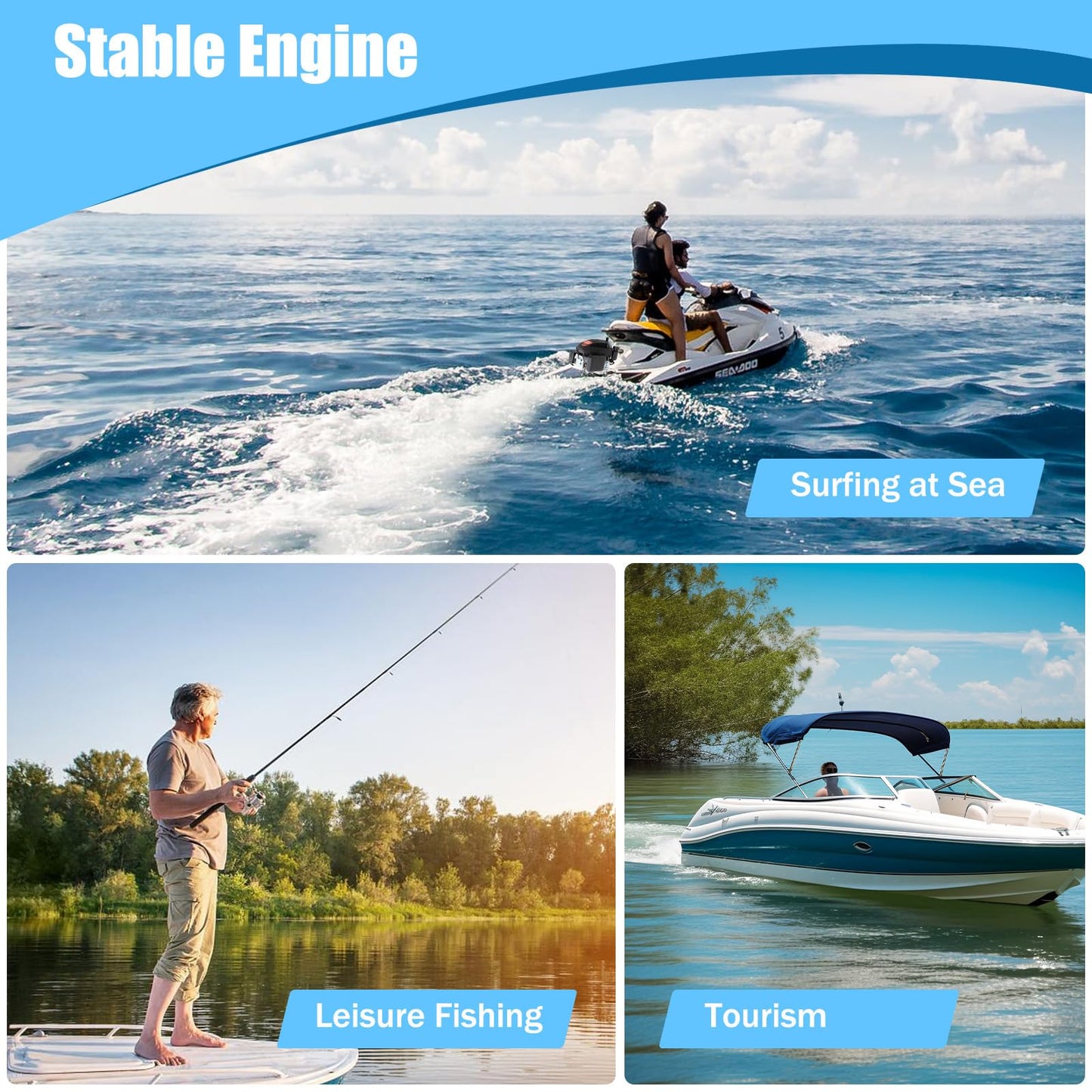 52cc Single Cylinder Gas 2.3HP Outboard Motor, Long Shaft with Air Cooling for Inflatable, Rubber, Fishing Boats, Yachts, Water Sports
