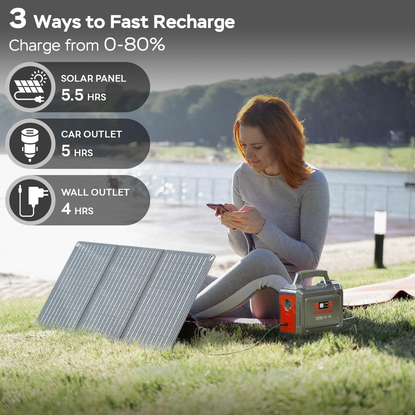 MARBERO Solar Generator 167Wh Camping Portable Power Station 200W Peak with Foldable Solar Panels 30W with AC Outlet 110V Multi-Port LED Flashlights for CPAP Home Camping Hurricane Emergency