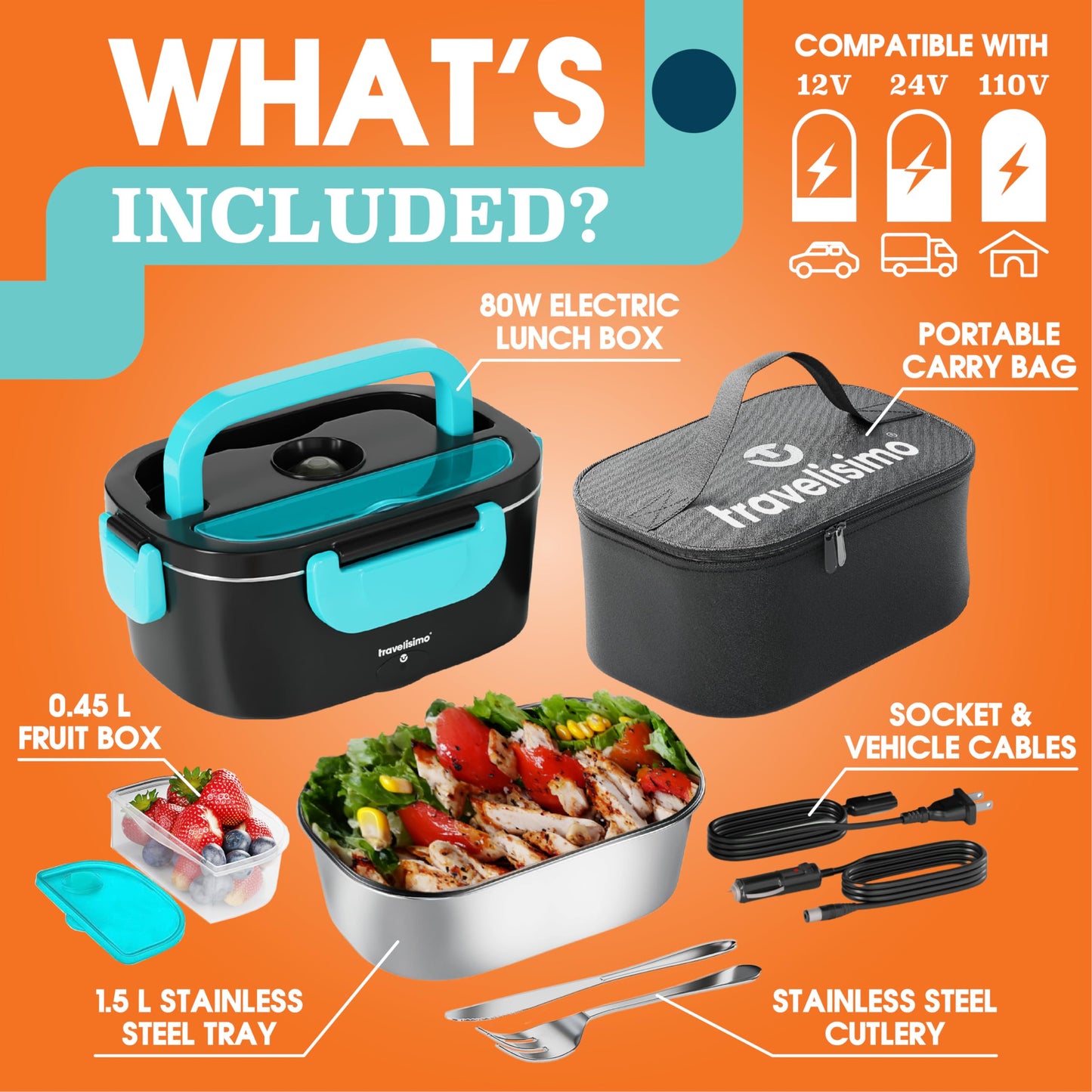Electric Lunch Box For Adults, 80W Heated Lunch Box 1.5L, Heatable Lunchbox For Men For Car Truck Work, 12/24/110V, Loncheras Para Hombres De Trabajo, Gifts For Men, Gifts for Women