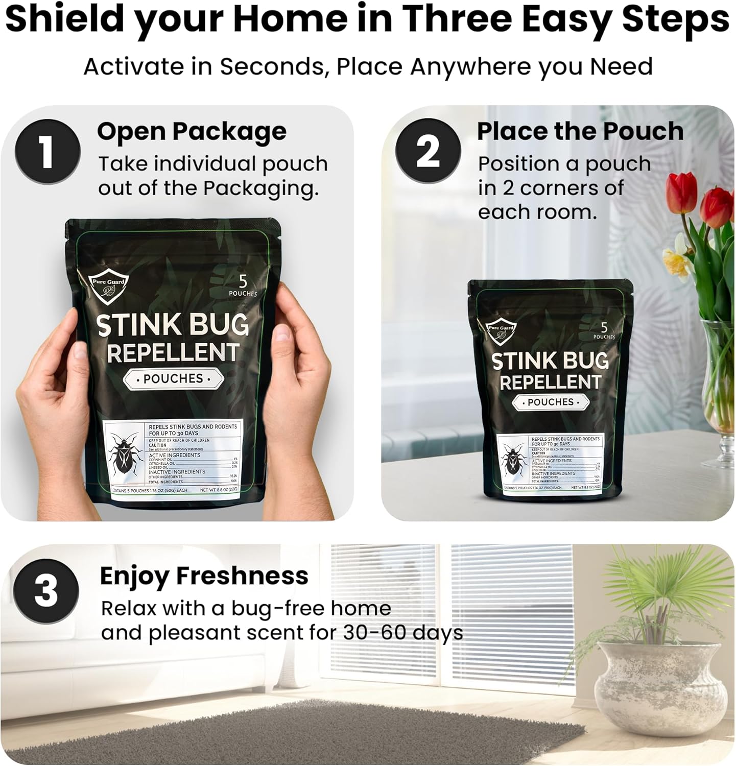 PureGuard Stink Bug Defense Pouches Extra Large – Family and Pet Safe, Fresh Scent, Indoor & Outdoor Use, 50g (5-Pack)
