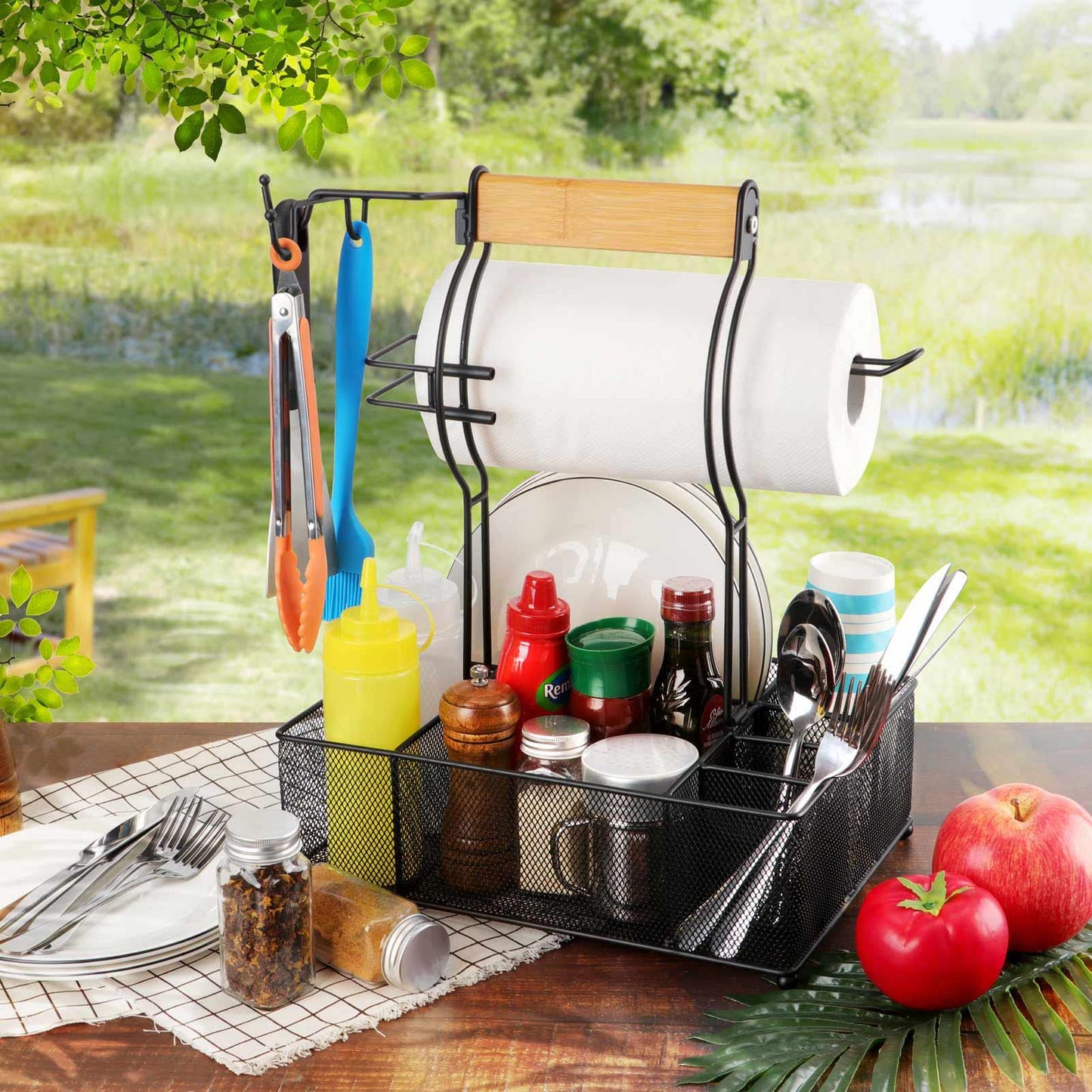 FANGSUN Grill Caddy, BBQ Caddy with Paper Towel Holder, Picnic Condiment Utensil Caddy for Outdoor Camping, Barbecue Accessories Storage Organizer for Griddle Grilling Tool, Rv Patio Camper Must