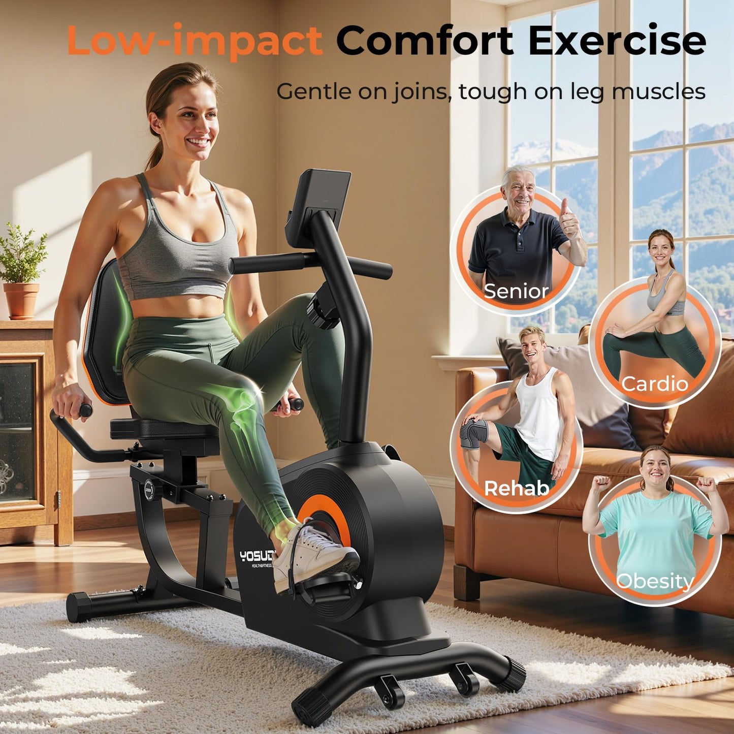 YOSUDA Recumbent Exercise Bike for Adults Seniors with Quick Adjust Seat, 350LB Capacity & 16-level Resistance, Black