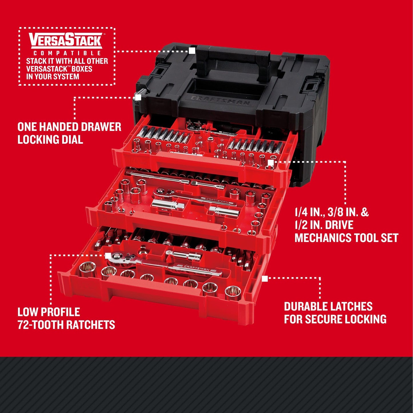 Craftsman VERSASTACK Mechanics Tool Set, 1/4 in, 3/8 in, and 1/2 in Drive, 230 Piece (CMMT45306)