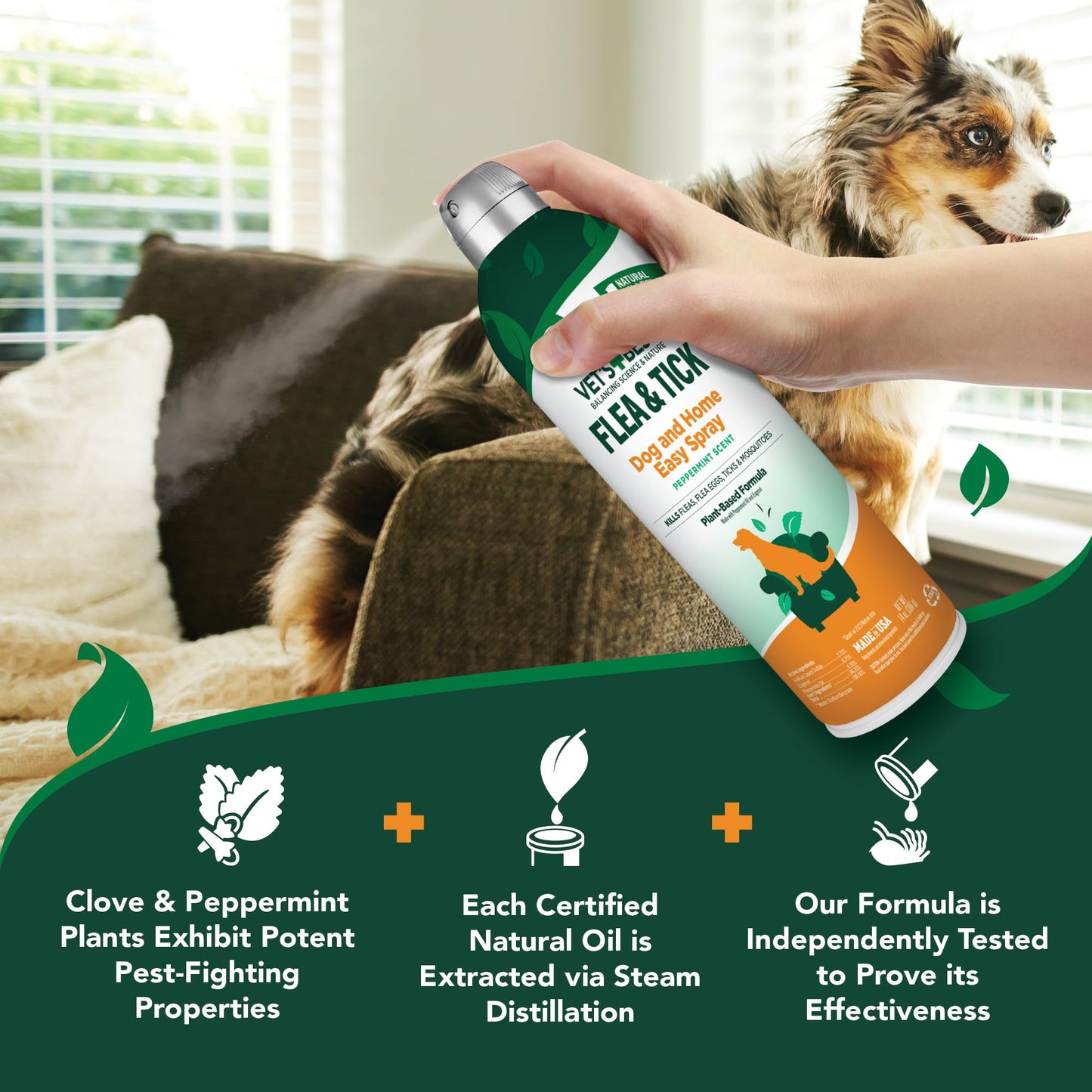 Vet's Best Flea and Tick Home Spray - Dog Flea and Tick Treatment for Home - Plant-Based Formula - Certified Natural Oils,Green - 32 oz