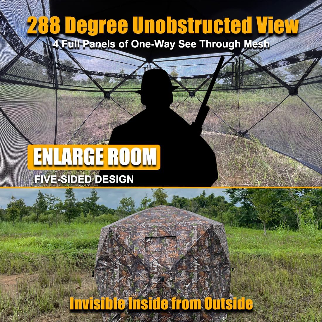 Extra Large Tall 3-4 Person 5-Sided Hunting Blind 288 Degree See Through Ground Camouflage Portable Pop Up Turkey Deer Blinds Tent