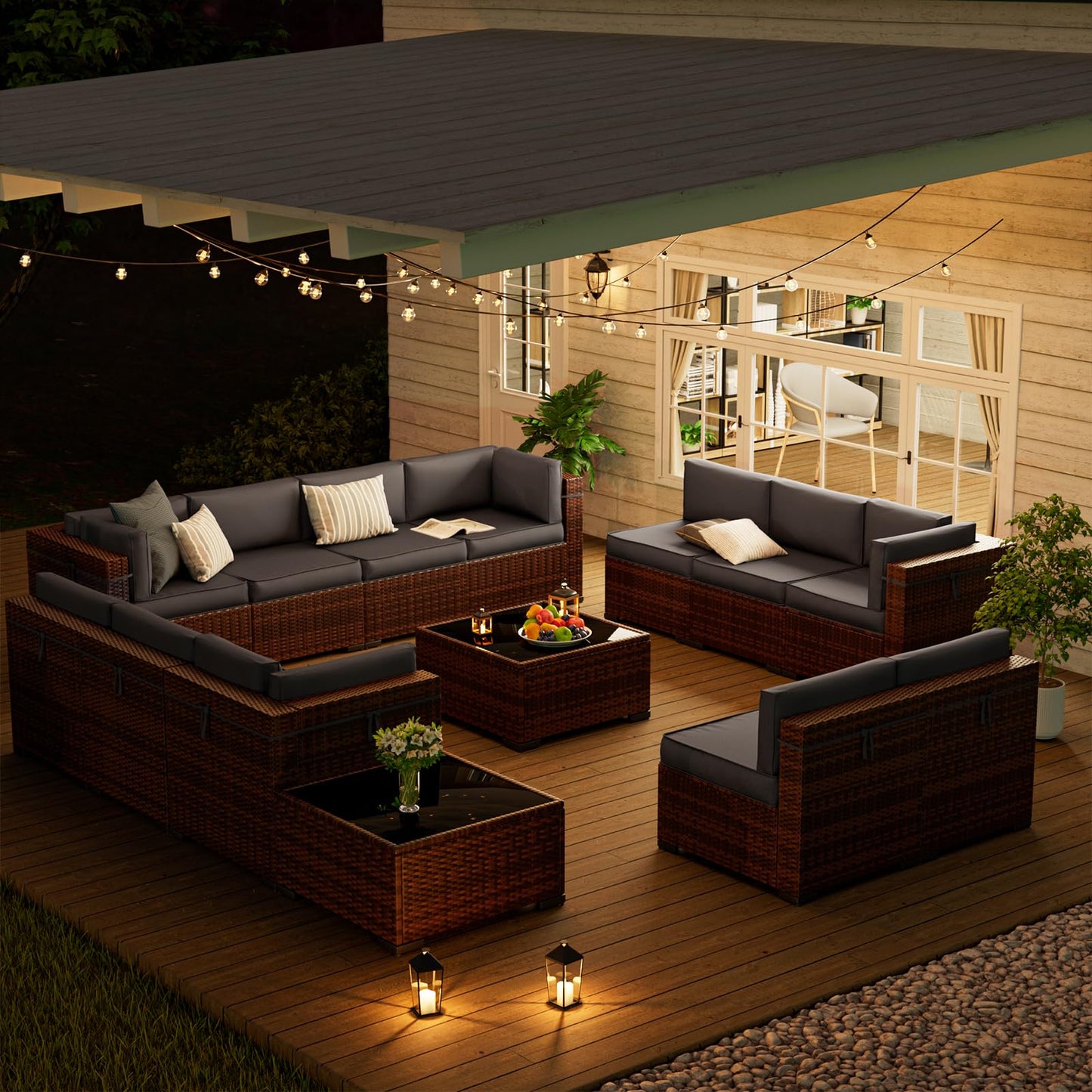 Amopatio Patio Furniture Sets, 7 Pieces Outdoor Rattan Sectional Sofa Set with Glass Table and Cushions, Wicker Patio Conversation Set for Outdoor Indoor Backyard Lawn Garden Porch (Grey)
