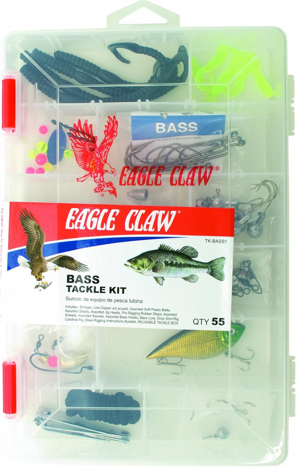 EAGLE CLAW BASS TACKLE KIT, 55 PIECES, CONTAINS ASSORTMENT OF HOOKS, SINKERS AND TACKLE FOR FRESHWATER BASS FISHING