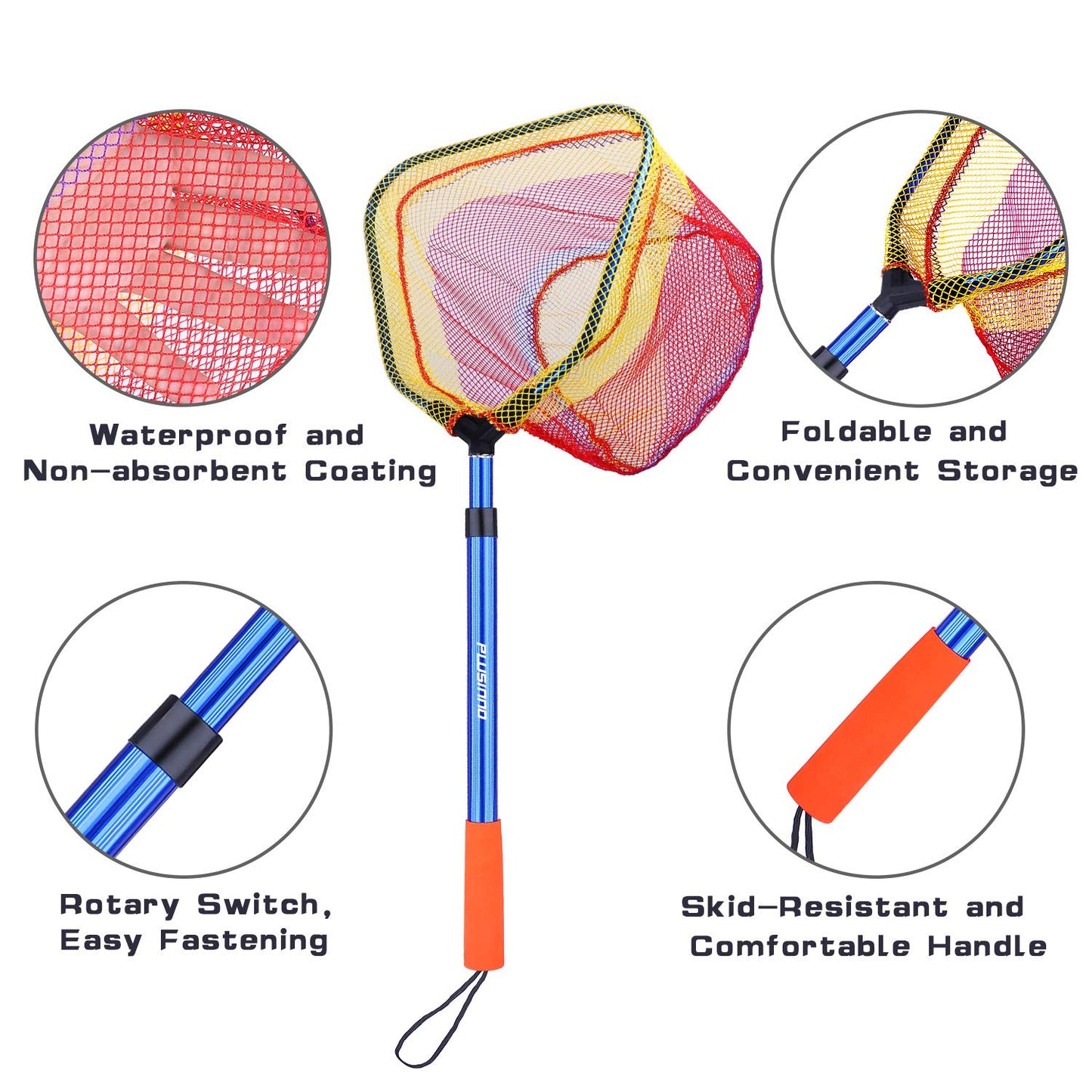 PLUSINNO Kids Fishing Net, Telescopic Lightweight Landing Net with Aluminum Pole Handle and Nylon Mesh, Catch and Release Butterfly Net for Kids Youth Outdoor
