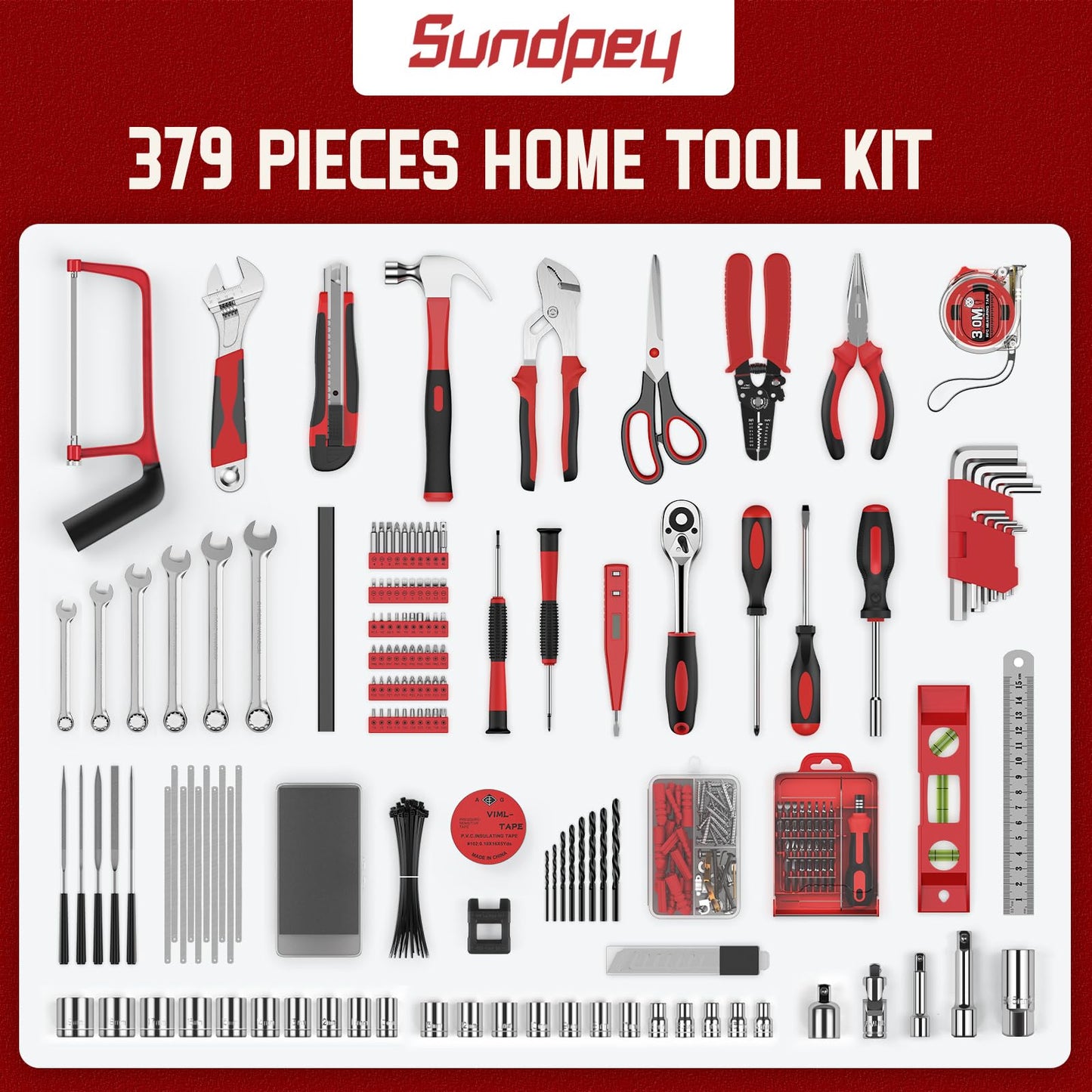 Sundpey 379-PCs Home Tool Kit - Portable Complete Household and Auto Repair Tool Set - Hand General Basic Tool Box Storage Case with Drawer - Full Basic Toolkit for Handyman & Diyer & Homeowner