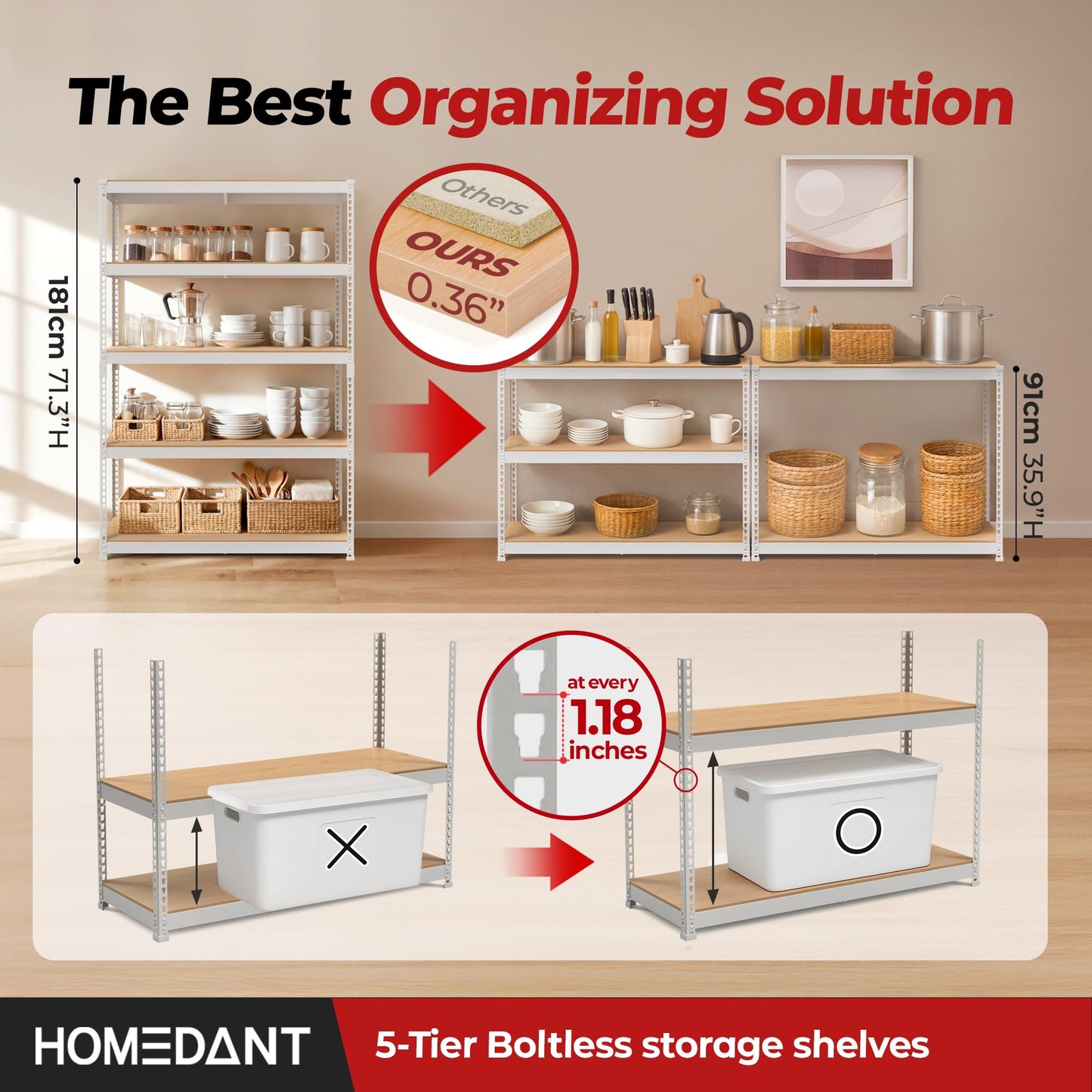 HOMEDANT 5 Tier Laminated Boltless Heavy Duty Garage Storage Adjustable Wide Size Metal Shelving Unit Utility Rack Shelves Organization Multipurpose Shelf Shed Warehouse 47.7"W x 24.1"D x 71.3"H 2Pack