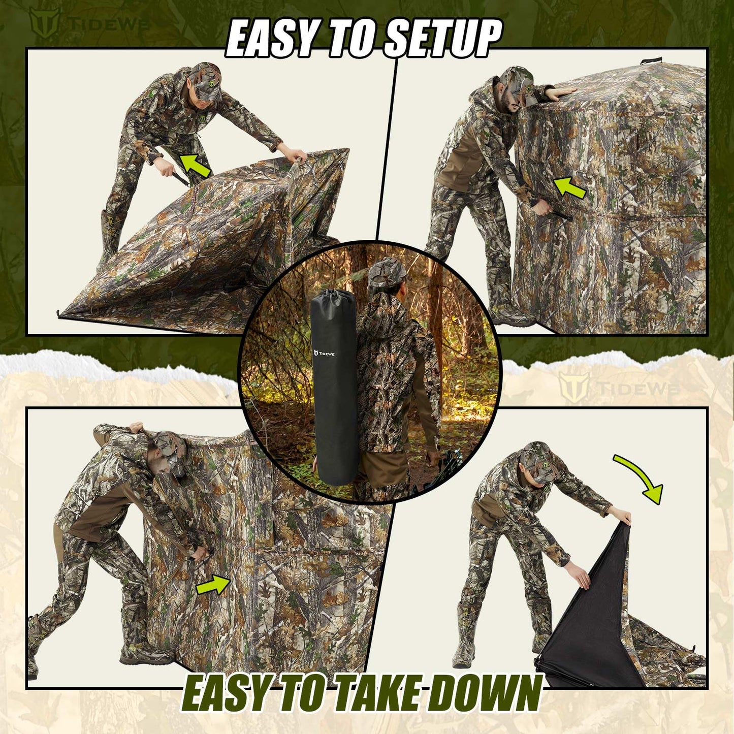 TIDEWE Hunting Blind, Double Ground Blinds 270° See Through for 3-in-1 Use, 4-6 Person 300D Pop Up Portable Hunting Tent Includes 2 Carrying Bags for Deer & Turkey Hunting (Camouflage & Veil Rush)
