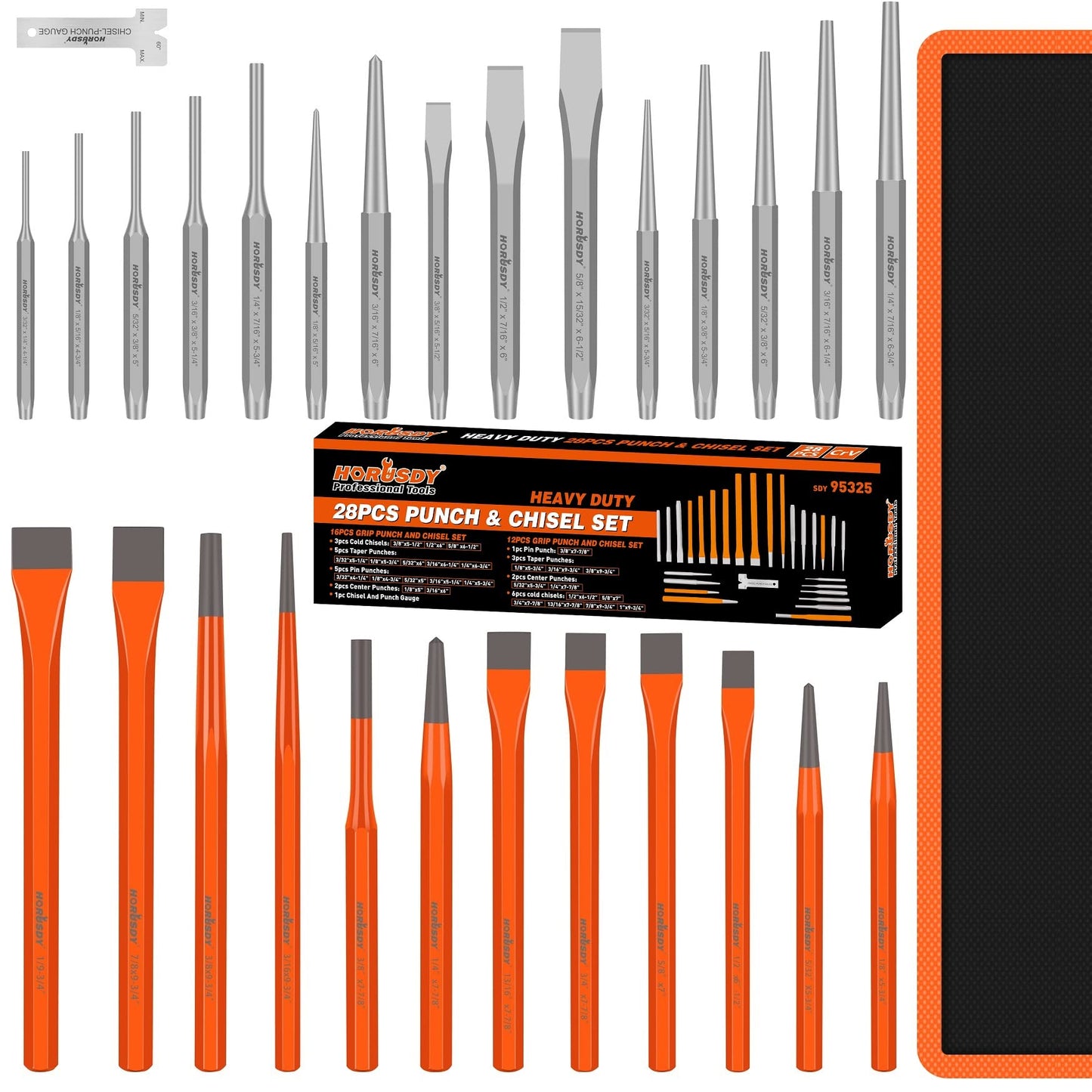 HORUSDY 16-Piece Punch and Chisel Set, Including Taper Punch, Cold Chisels, Pin Punch, Center Punch