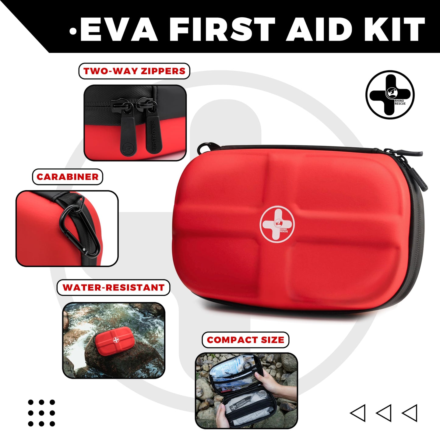 RHINO RESCUE EVA First Aid Kit, HSA/FSA Eligible, Small Waterproof Portable Emergency Hiking First Aid Kit for Backpackingg, Medical Kit for Travel, Home, Car, College Dorm, Camping, Boat (Red)