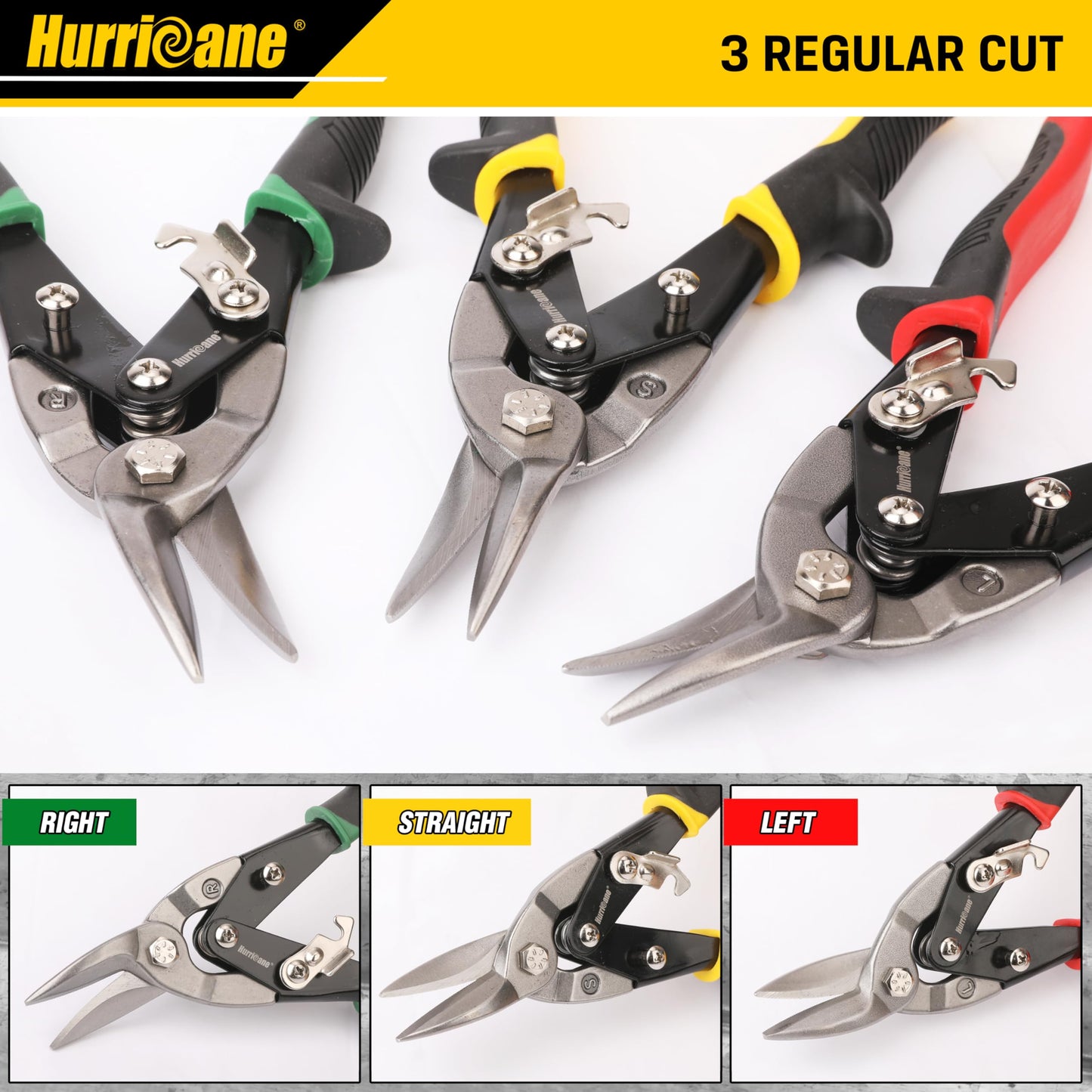 HURRICANE 3 pc Aviation Tin Snips Set, Metal Cutter Shear for Cut Sheet Metal, Chrome Vanadium Steel, Straight Left and Right, Ergonomical TyreGrip Handle with Hang Hole and Safety Latch