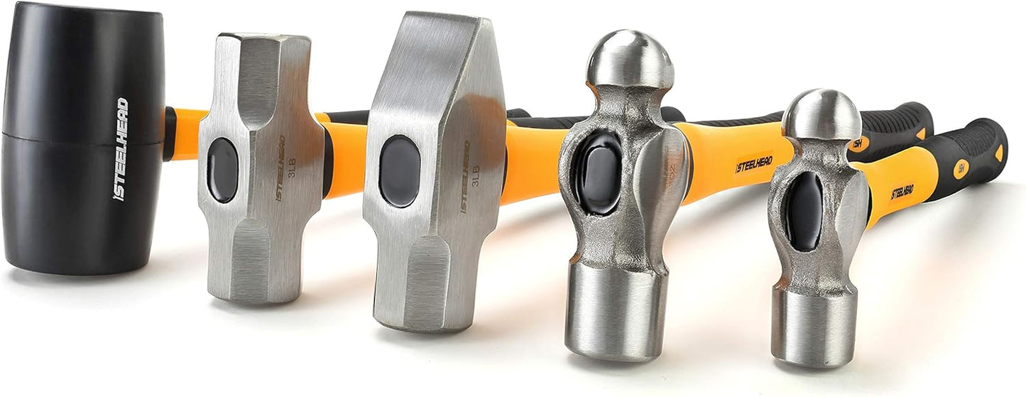 STEELHEAD 5-Piece Fiberglass Handle Hammer & Mallet Set - 16oz Ball-Peen, 32oz Ball-Pein, 32oz Rubber Mallet, 3lb Sledge, 3lb Cross-Pain - Metal Working, USA-Based Support