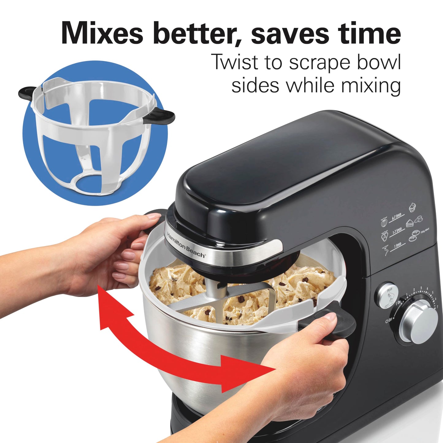 Hamilton Beach Electric Stand Mixer, 4 Quarts, Dough Hook, Flat Beater Attachments, Splash Guard 7 Speeds with Whisk, Black