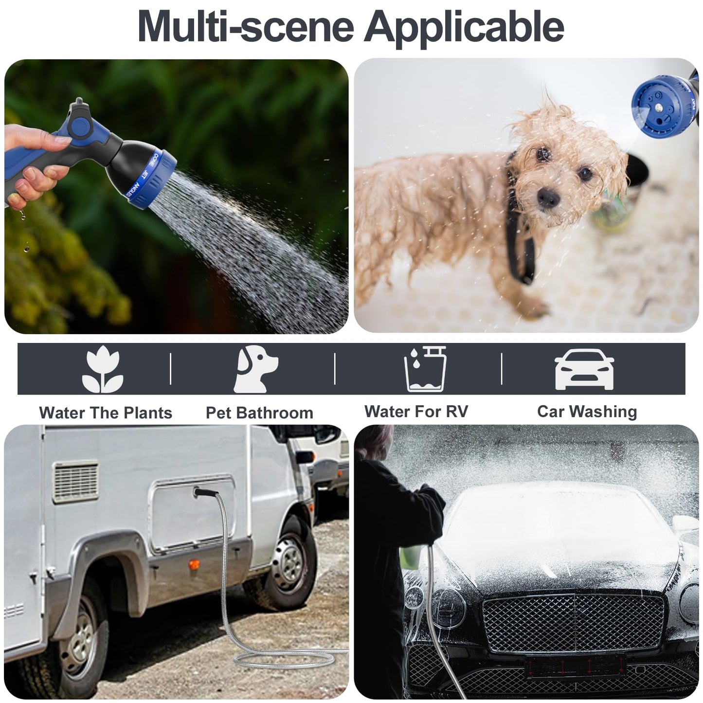 50ft 304 Stainless Steel Garden Hose Metal, Heavy Duty Water Pipe with Nozzles for Yard, Outdoor - Flexible, Never Kink & Tangle, Puncture Resistant (Sliver)