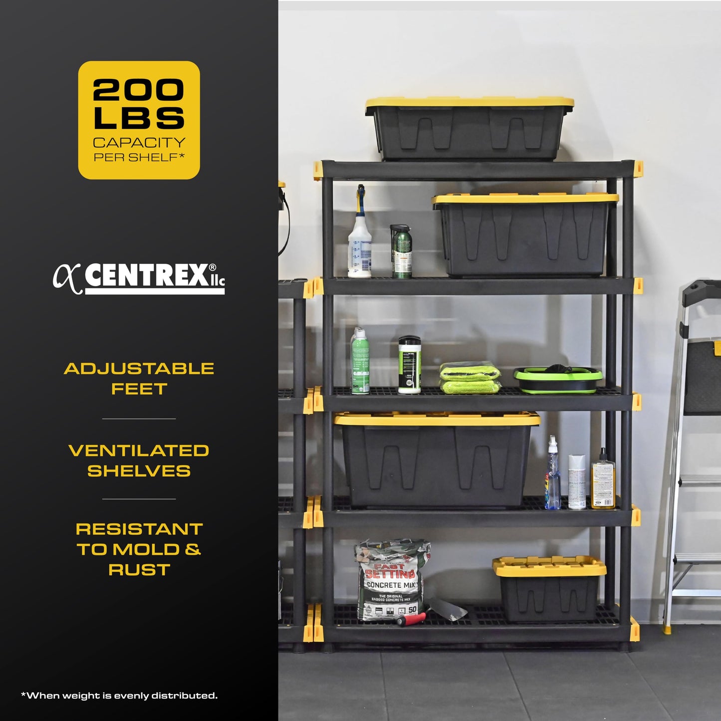 BLACK & YELLOW, 4-Tier Heavy Duty Plastic Storage Shelving Unit, 200lbs/shelf (55"H x 48"W x 20"D), for Indoor/Outdoor Organization, Modular Rack