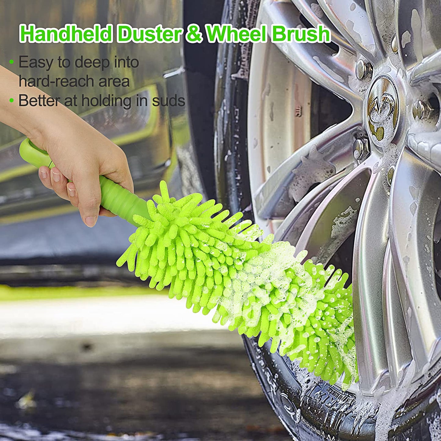 62'' Car Wash Brush with Long Handle Chenille Microfiber Car Wash Mop Mitt Car Cleaning Kit Windshield Window Squeegee Car Duster Microfiber Towels Wheel Tire Brush for Cars RV Truck Boat