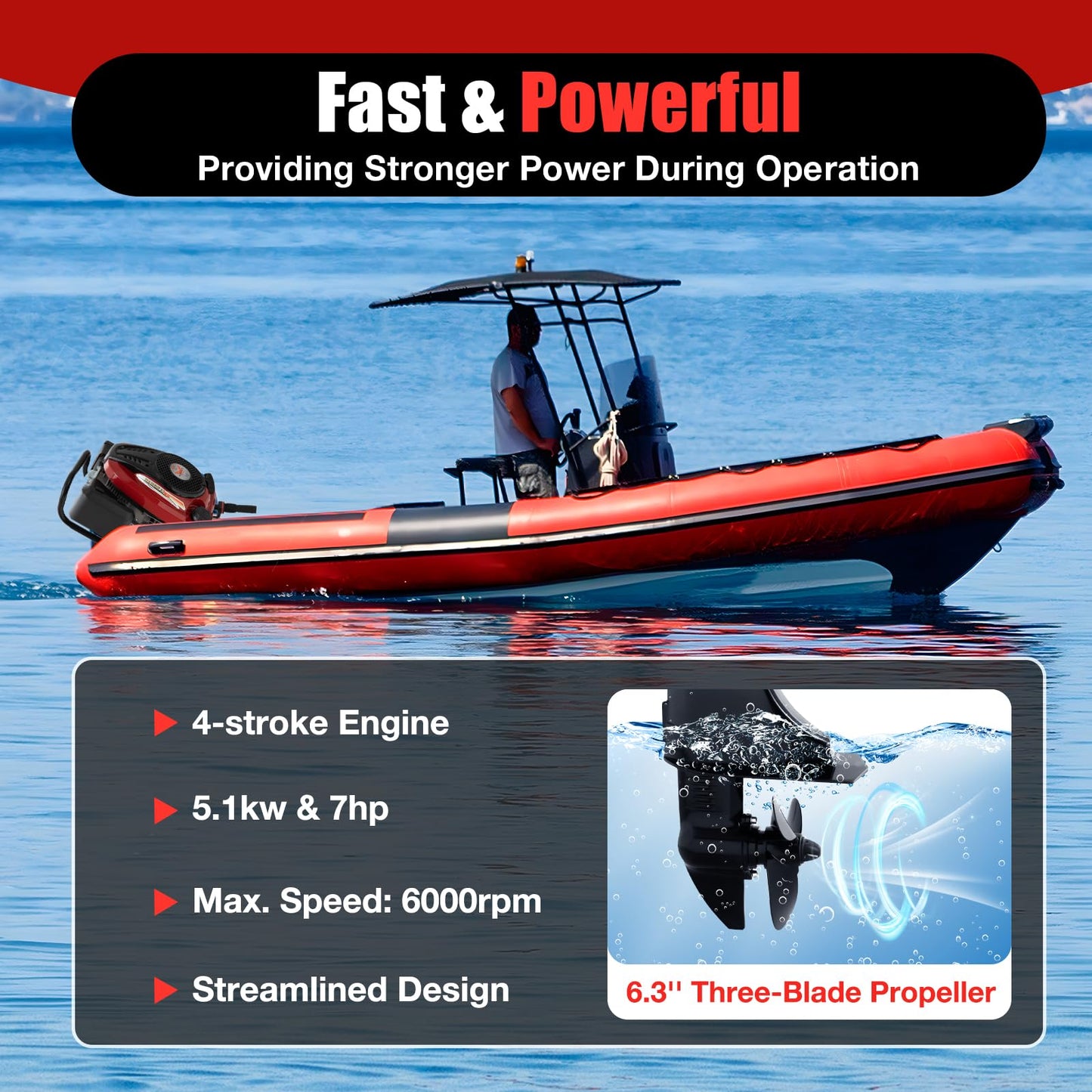Outboard Motor, Heavy Duty Fishing Boat Engine Manual Start Kayak Motor w/Air-cooling & TCI Ignition System for yachts, kayaks, Wooden Boats, Foam Boats, Rubber Boats, etc. (196CC 7.5HP 4Stroke)
