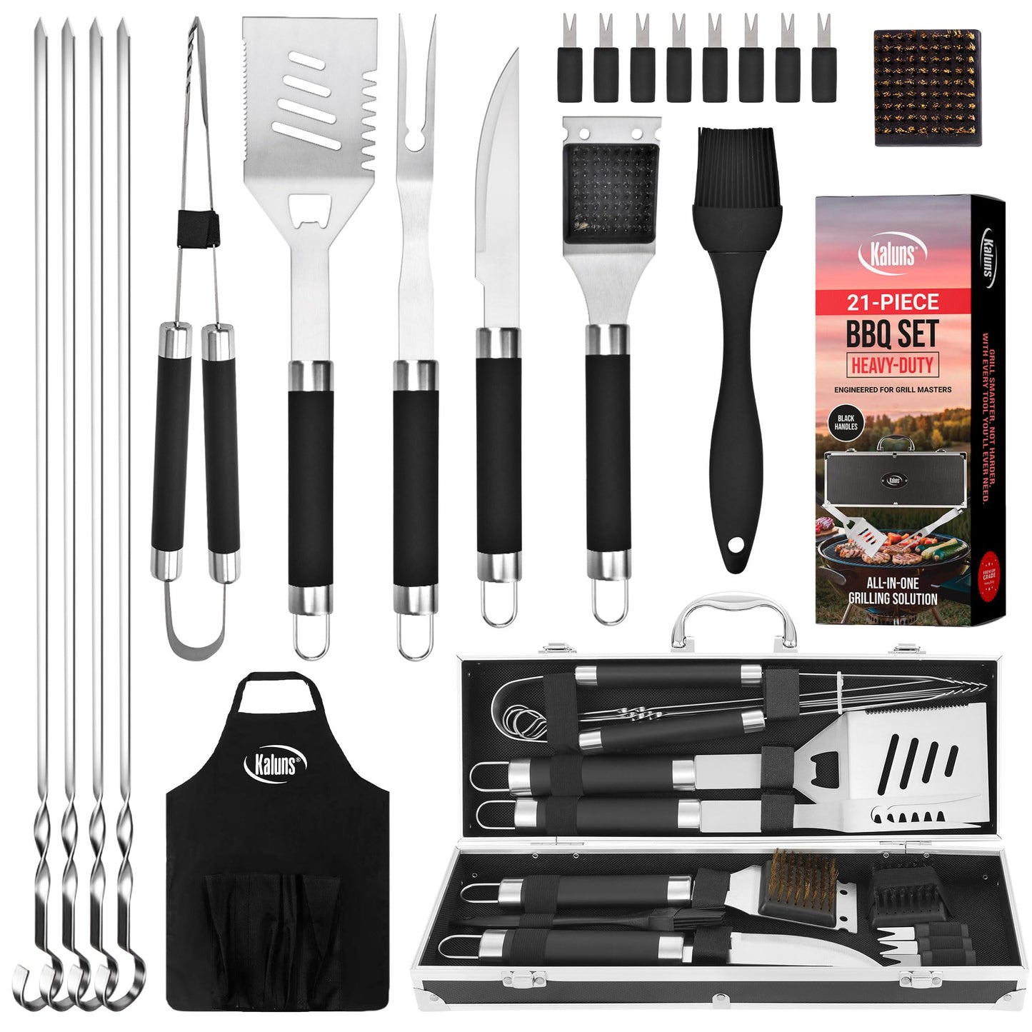 Kaluns Grilling Accessories, Dad Gifts for Fathers Day Grilling Gifts, Heavy Duty Stainless Steel BBQ Grill Tools Set for Outdoor Grill with Aluminum Case and Apron, Dad Birthday Gifts for Men Husband