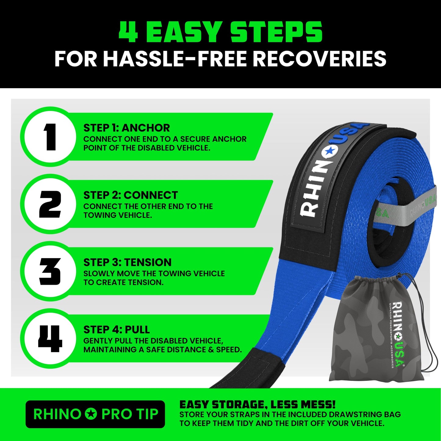 Rhino USA Recovery Tow Strap (3" x 20') - 31,518lb Break Strength - Emergency Recovery Strap Tow Rope for Truck, UTV, ATV & More - Heavy Duty Towing Strap for Offroad 4x4 Use - Compatible with Jeep