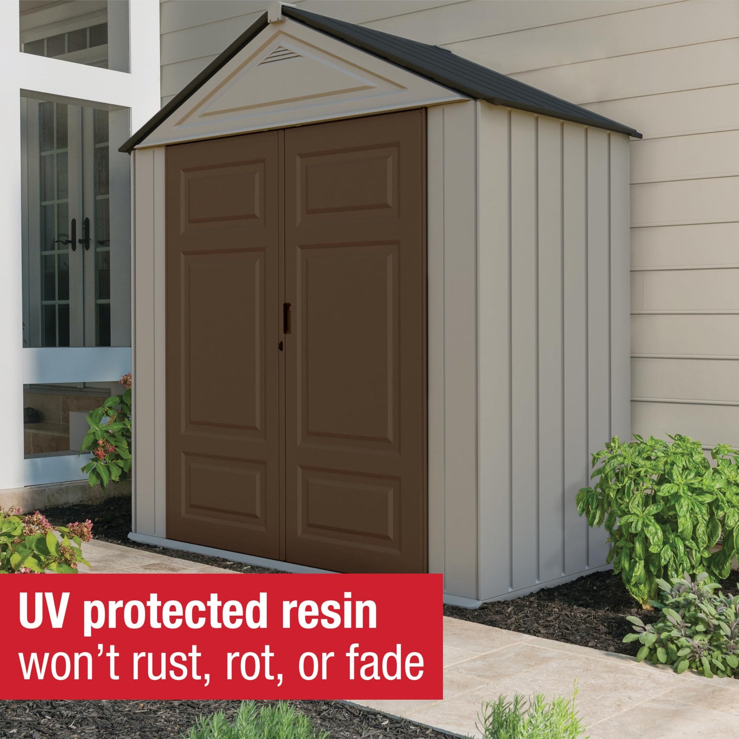 Rubbermaid Resin Outdoor Storage Shed With Floor (7 x 3.5 Ft), Weather Resistant, Beige/White, Organization for Home/Backyard/Garden Tools/Lawn Mower/Bike Storage/Pool Supplies