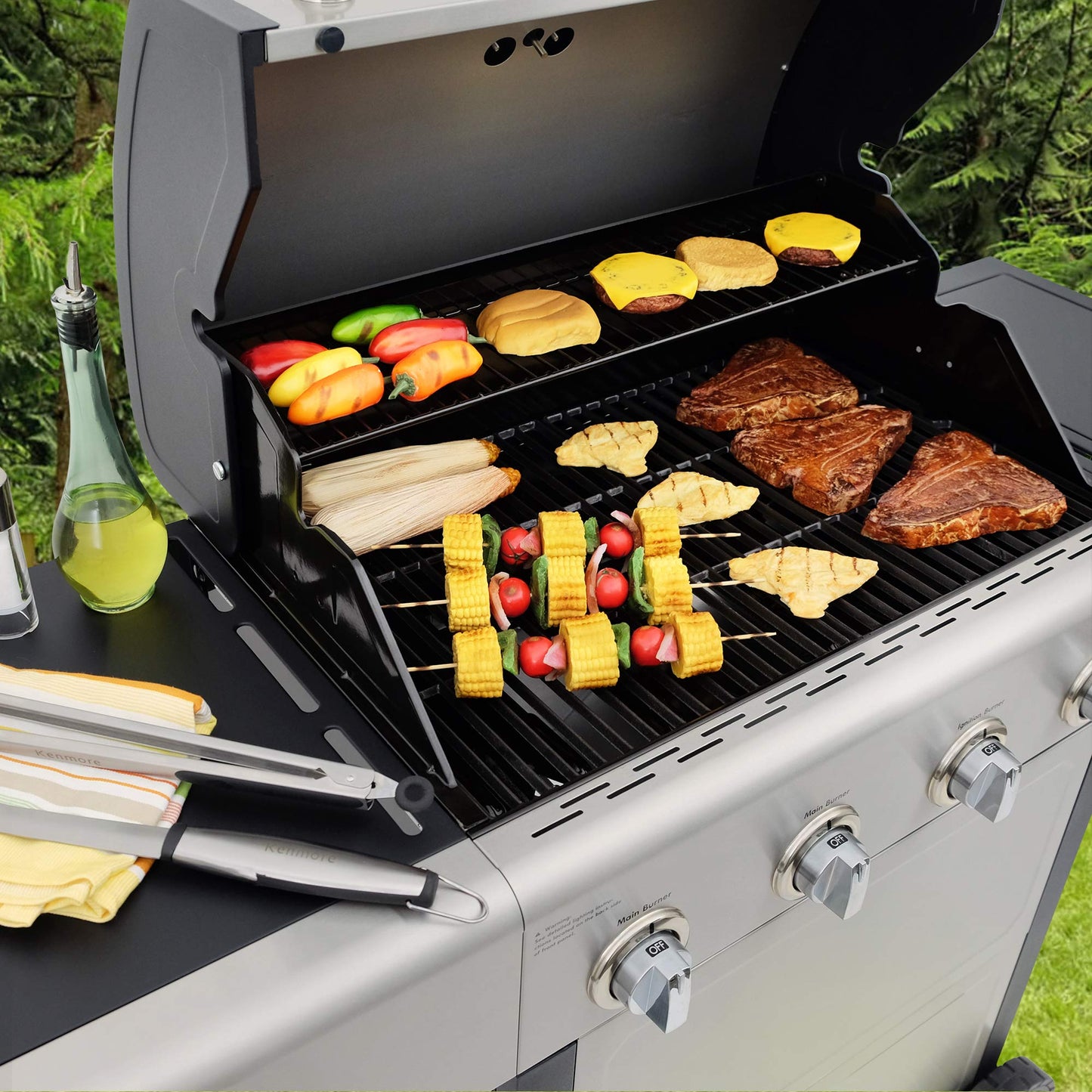Kenmore 4-Burner Gas Grill with Side Burner, Outdoor BBQ Grill, Propane Gas Grill, Cast Iron Cooking Grates, Electronic Ignition, Warming Rack, Open Cart Design, 53000 BTUs, Stainless Steel and Black