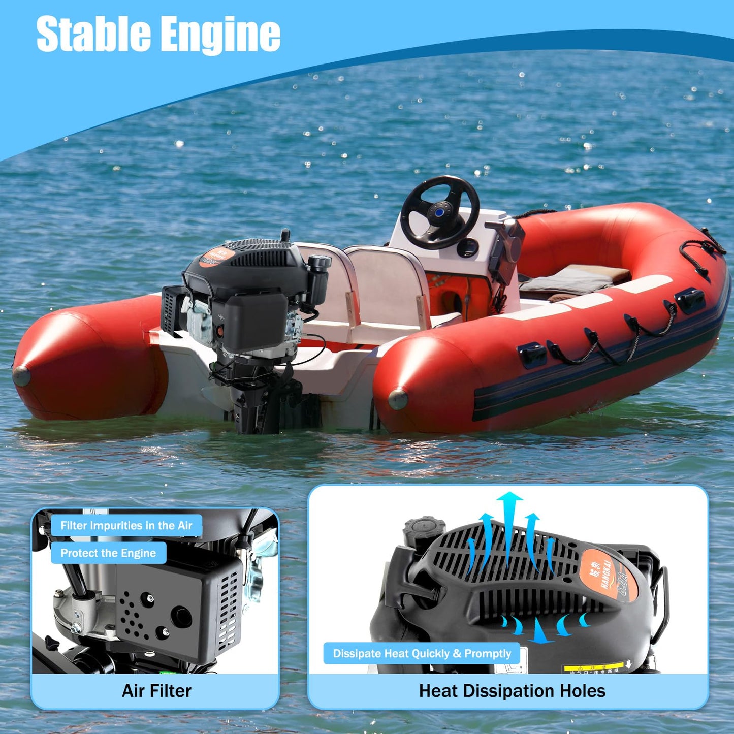 52cc Single Cylinder Gas 2.3HP Outboard Motor, Long Shaft with Air Cooling for Inflatable, Rubber, Fishing Boats, Yachts, Water Sports
