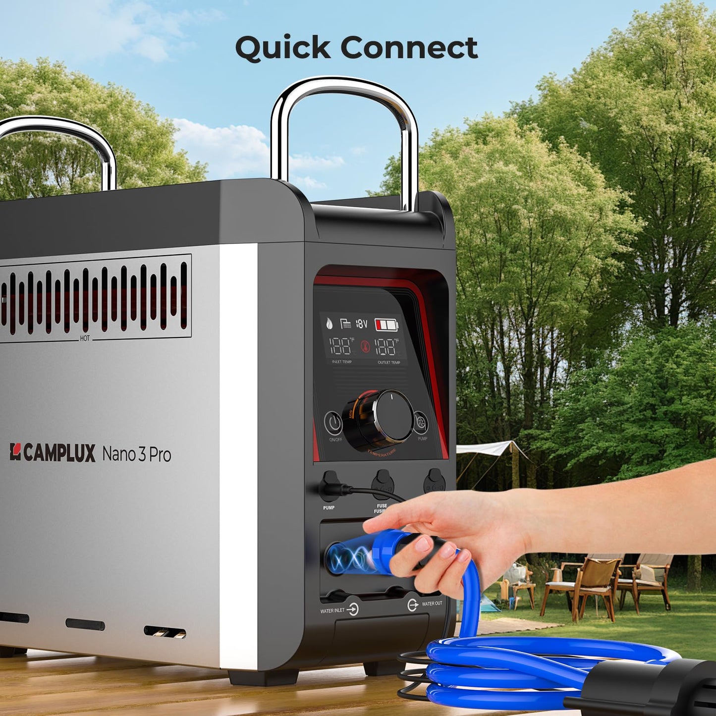 CAMPLUX Battery Powered Portable Water Heater, 1 lb On-Demand Propane Camping Shower Nano 3 Pro, On Ground Camp Water Heater & Shower Pump
