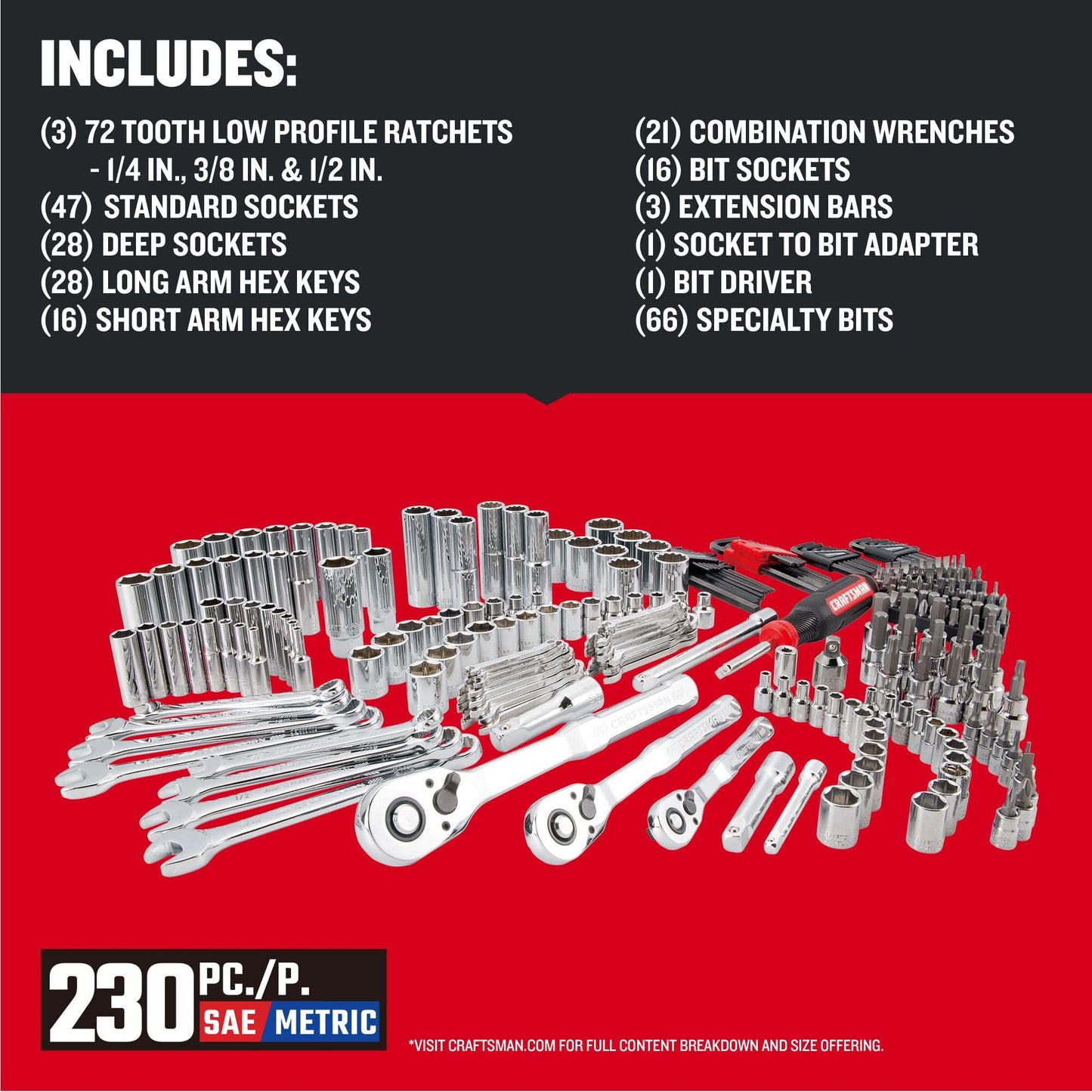 Craftsman VERSASTACK Mechanics Tool Set, 1/4 in, 3/8 in, and 1/2 in Drive, 230 Piece (CMMT45306)