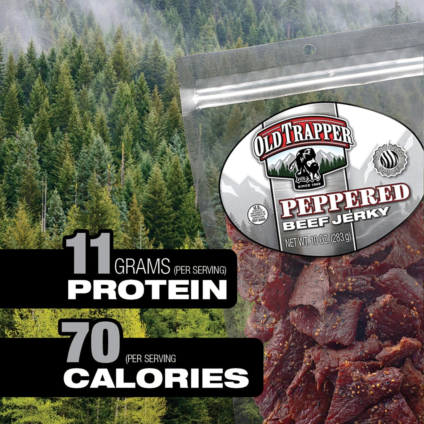Old Trapper Beef Jerky, Old-Fashioned 10-Ounce Bag, Tender Meat Snacks for Lunches or Between Meals, 11 Grams of Protein, Zero Grams of Fat, and 70 Calories per Ounce (Pack of One)