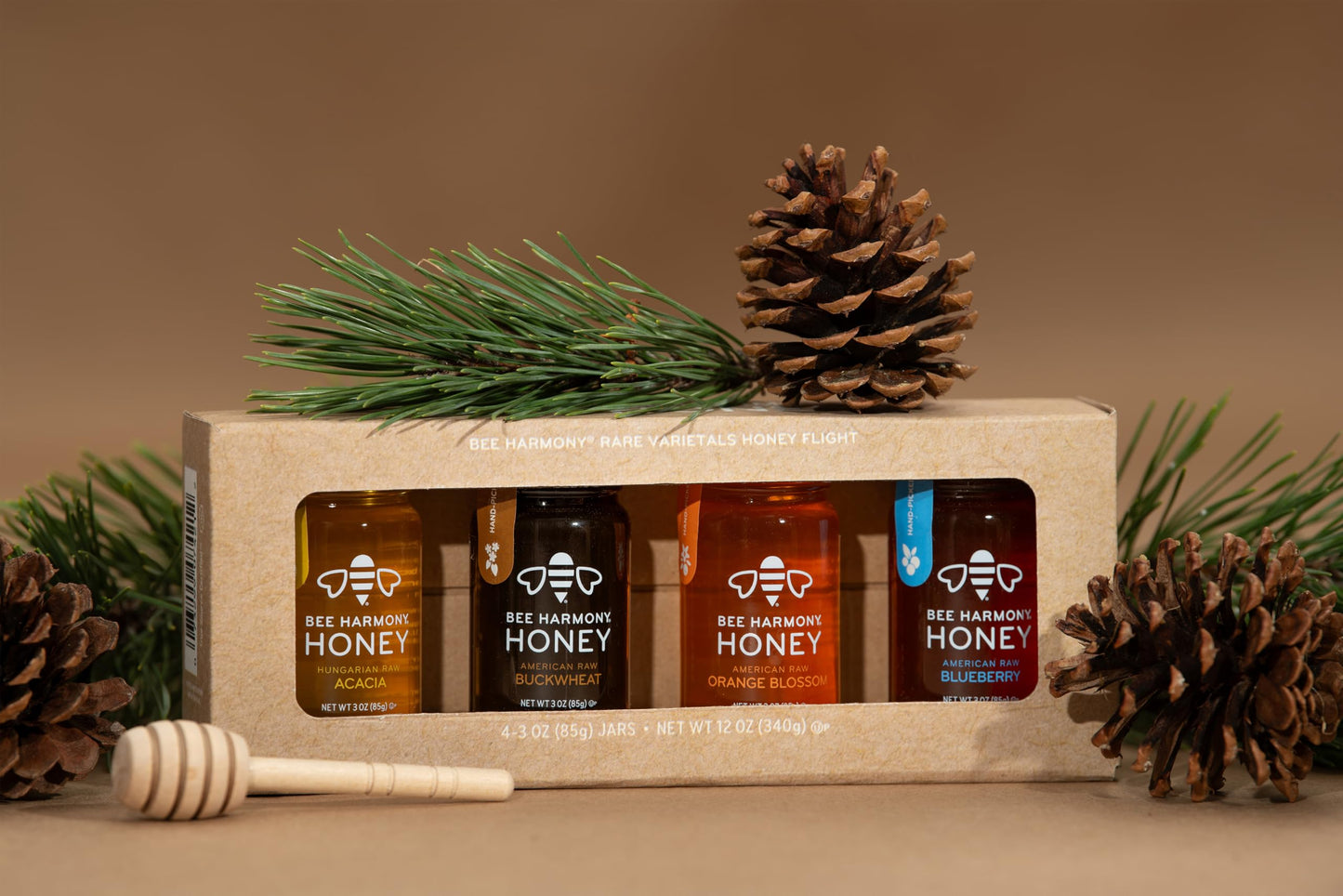 Bee Harmony Classic Honey Flight, Mini Honey Gift Set, 4 Jars, 3 OZ Each, Premium, Raw, Made in the USA