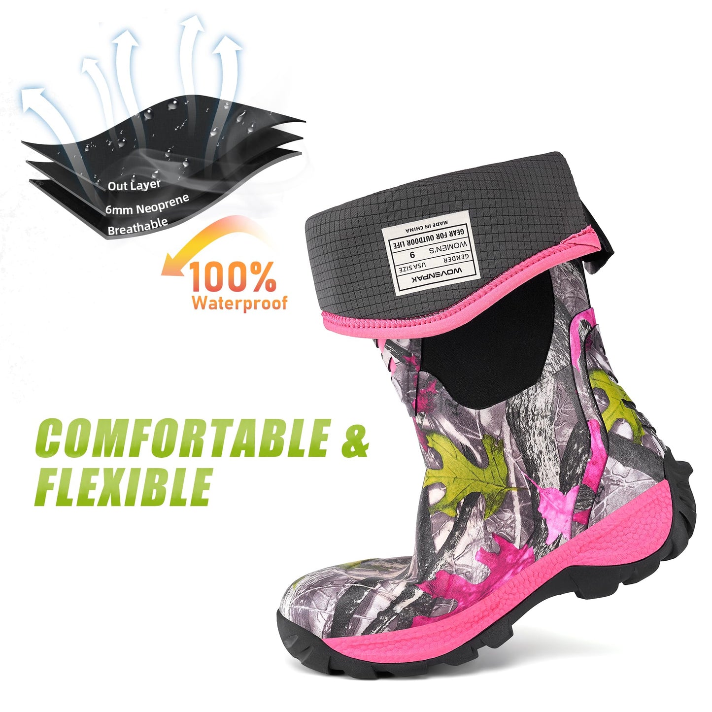 Wovenpak Rain Boots Women, Rubber Boots for Women Insulated Hunting Boots with Steel Shank, Waterproof Boots for Women, Womens Work Boots 6mm Neoprene Rain Boots Outdoor, Size 6-11